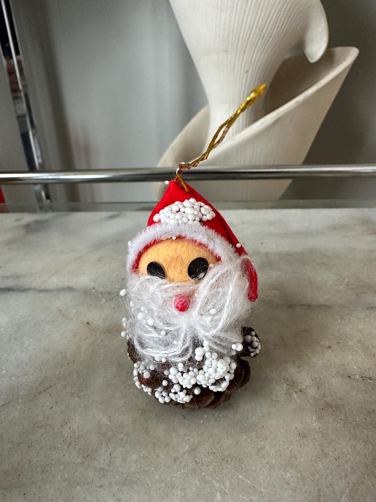 Vintage Christmas Ornaments: Pine Cone Santa & Wooden Big-Eyed Angel