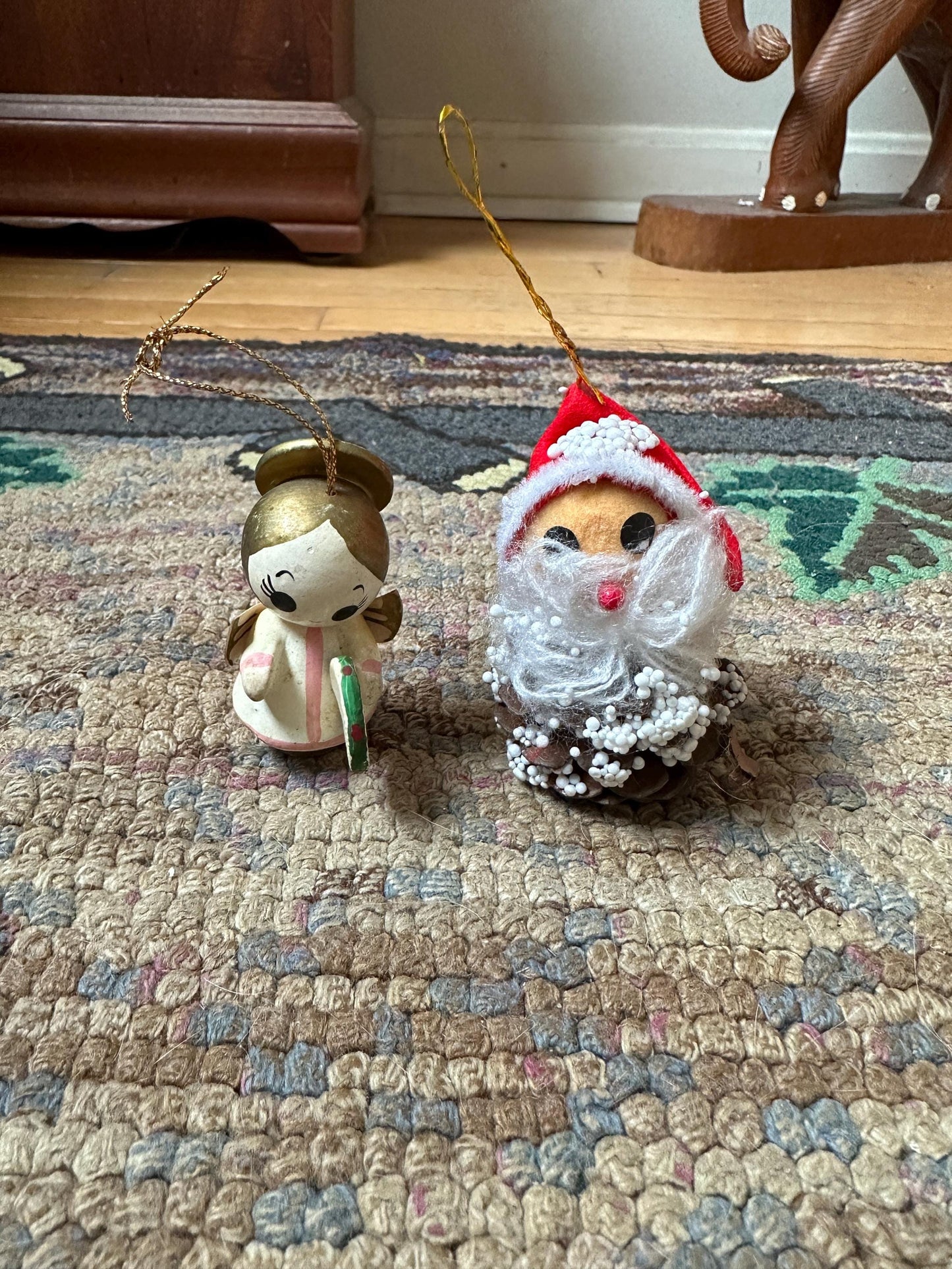 Vintage Christmas Ornaments: Pine Cone Santa & Wooden Big-Eyed Angel