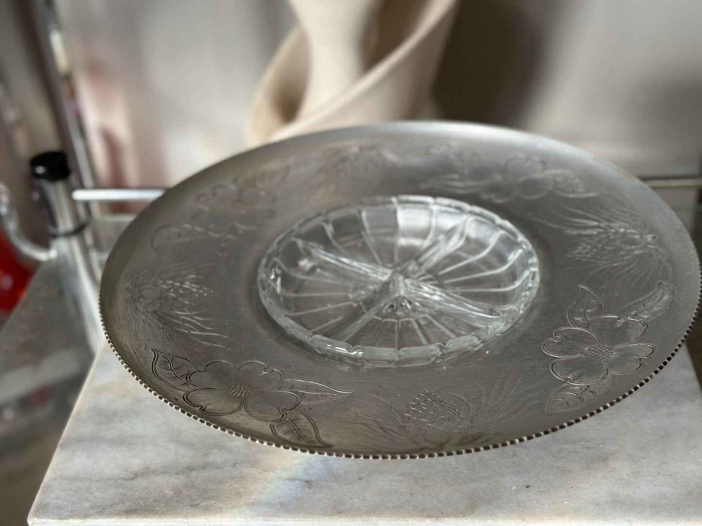 Vintage Wilson Specialties Lazy Susan: Hand-Wrought Aluminum & Divided Glass