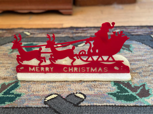 Vintage Kitschy Christmas Sign | Santa Sleigh and Reindeer |