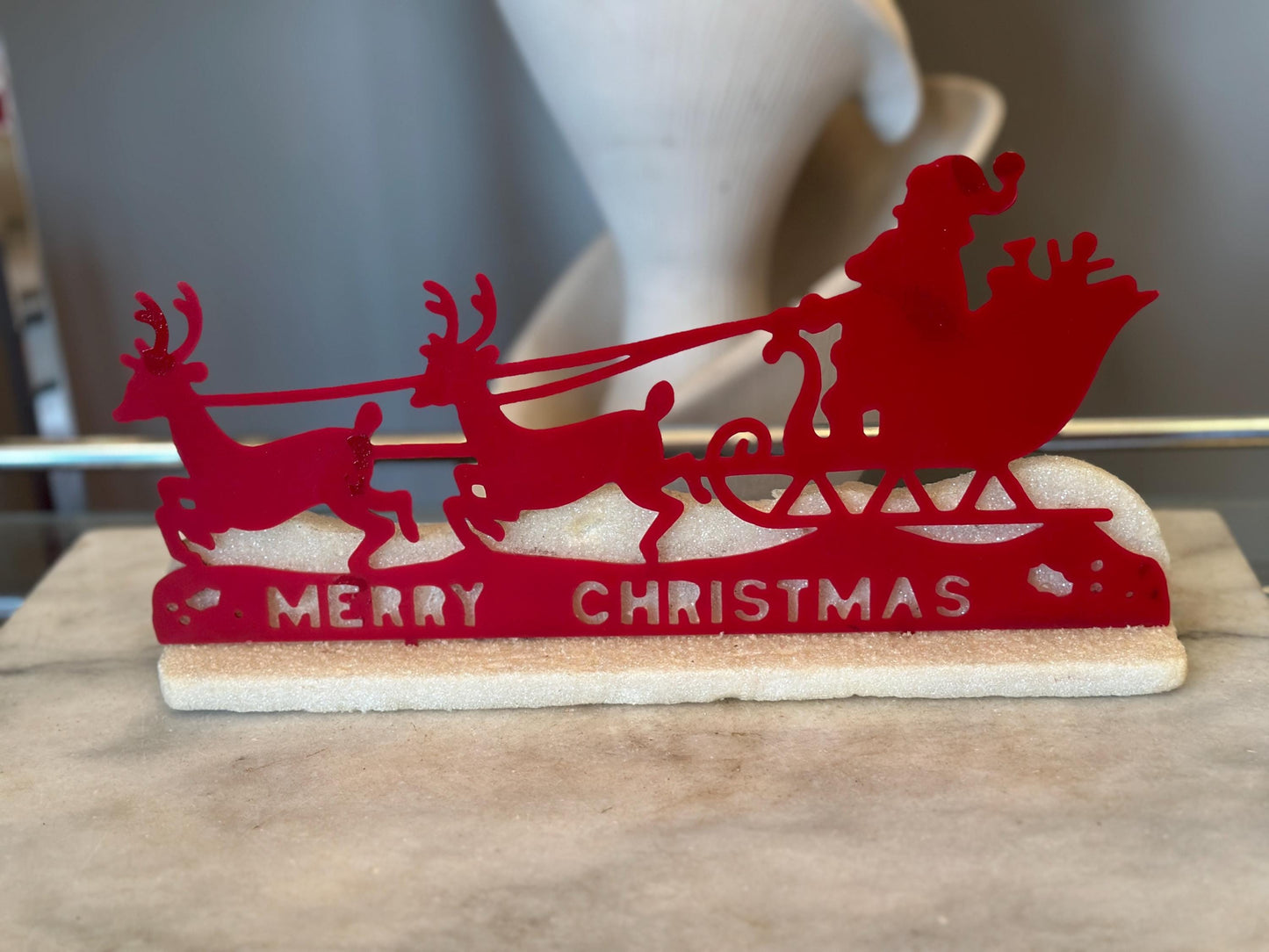 Vintage Kitschy Christmas Sign | Santa Sleigh and Reindeer |