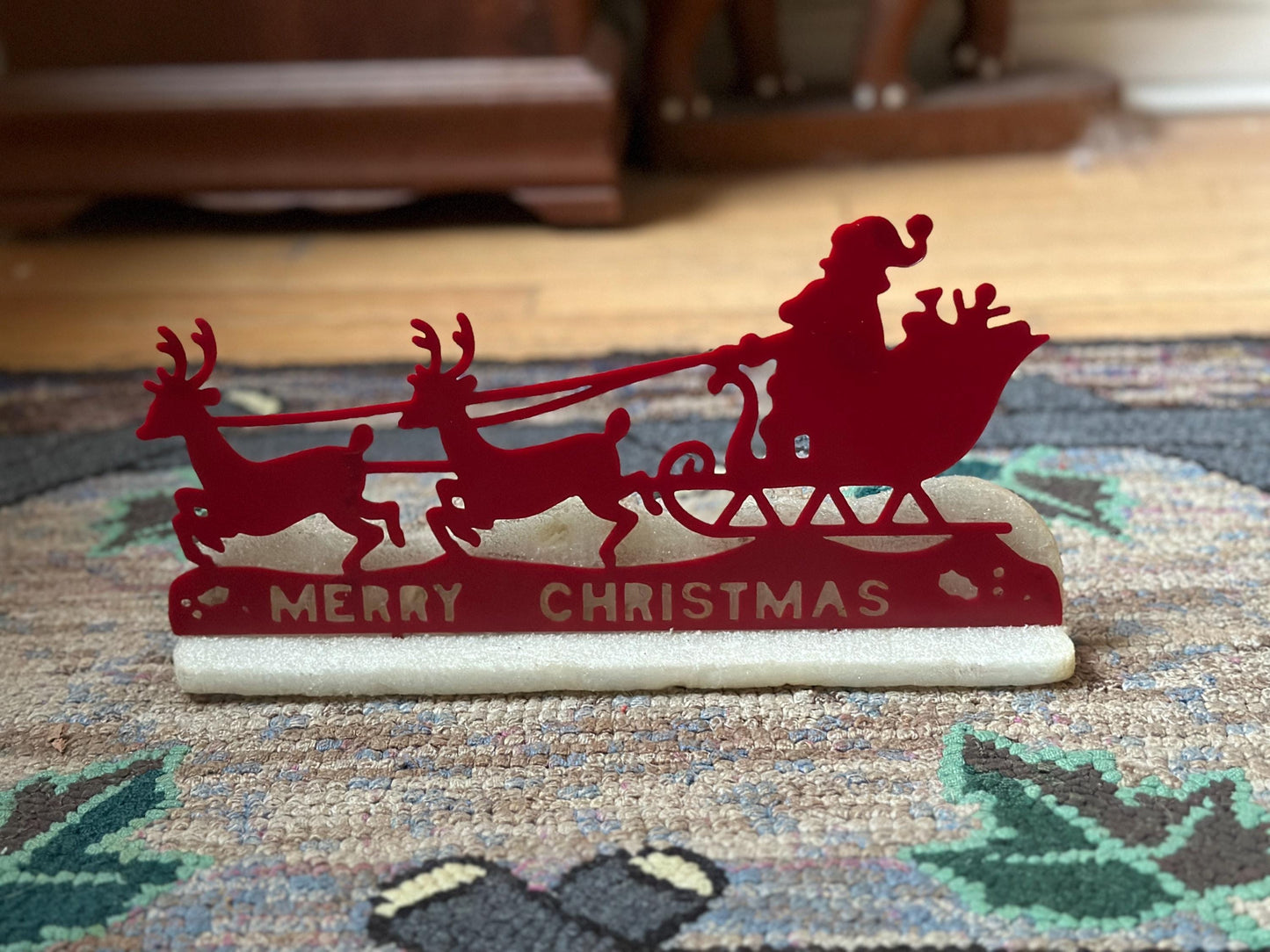 Vintage Kitschy Christmas Sign | Santa Sleigh and Reindeer |