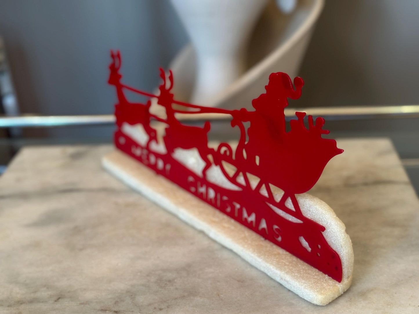 Vintage Kitschy Christmas Sign | Santa Sleigh and Reindeer |