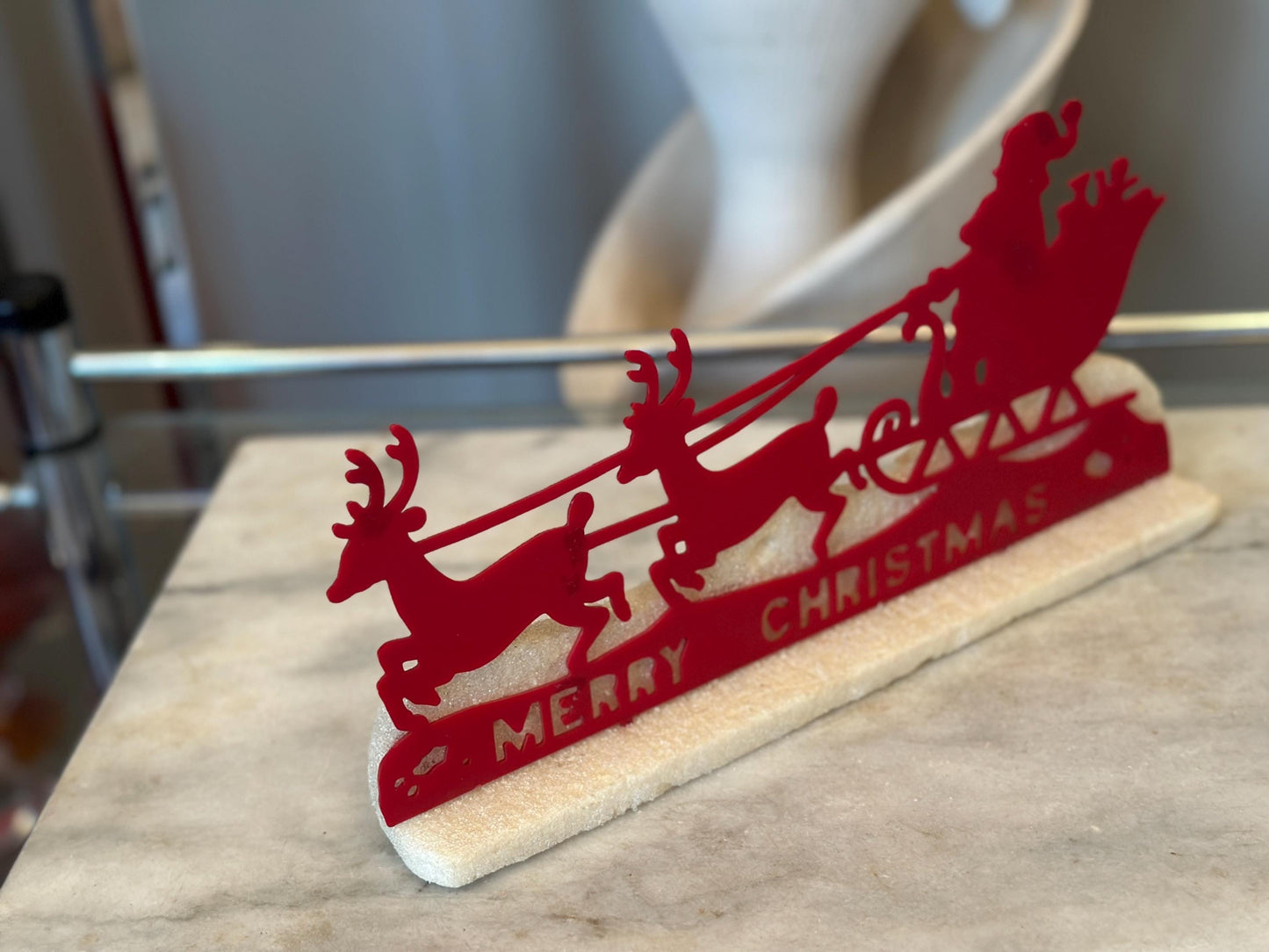 Vintage Kitschy Christmas Sign | Santa Sleigh and Reindeer |