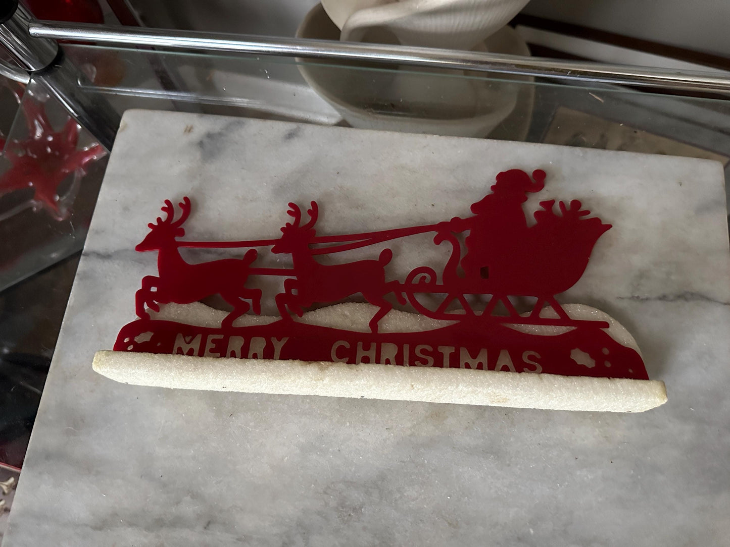 Vintage Kitschy Christmas Sign | Santa Sleigh and Reindeer |
