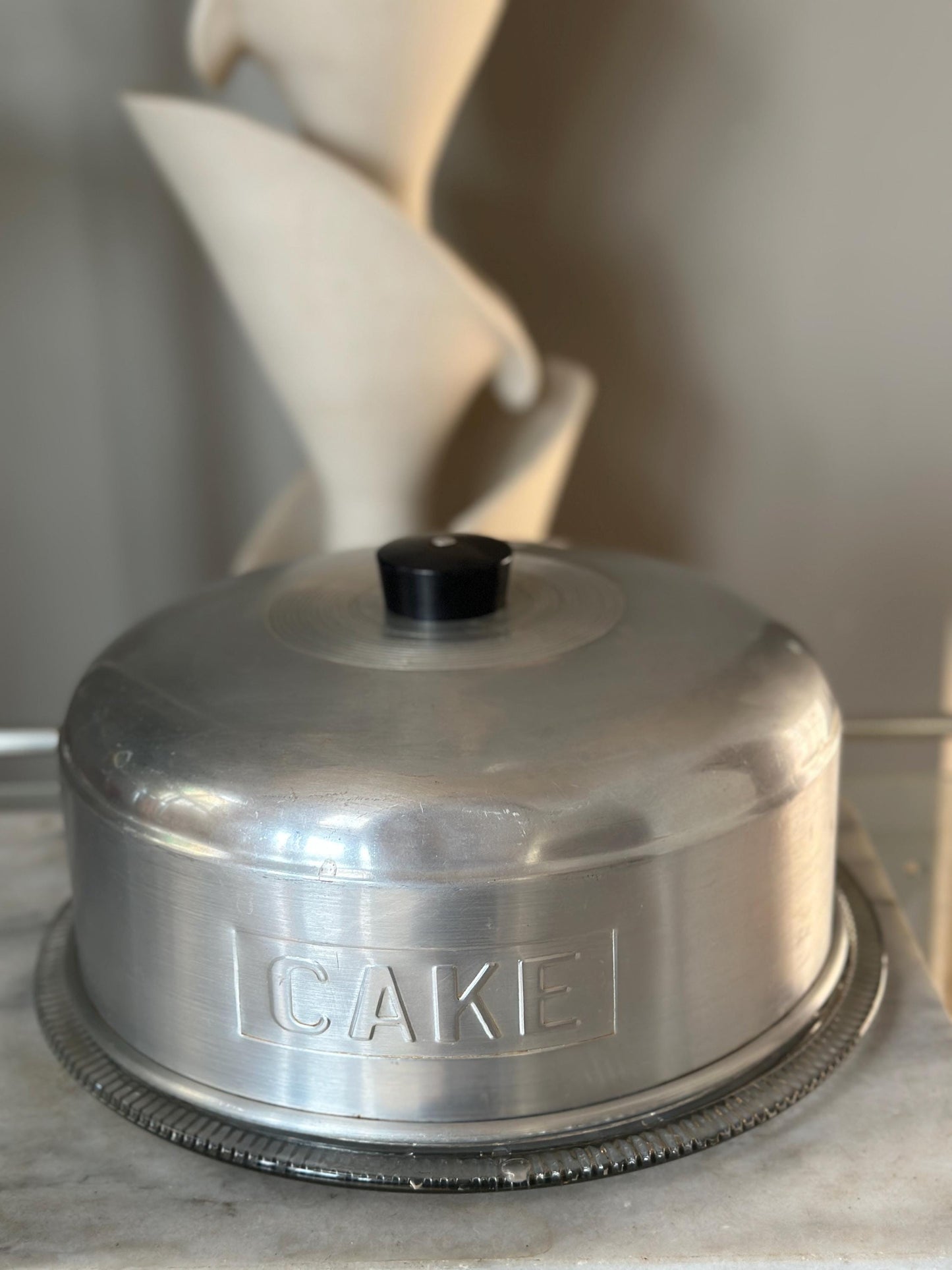 1950s Vintage Aluminum Cake Saver with Glass Plate: Mid-Century Kitchenware