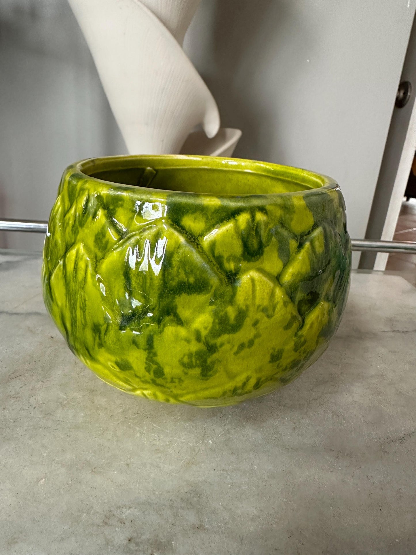 California Pottery Artichoke Planter Yellow Green  Vintage Groovy Drip | MCM USA Pottery