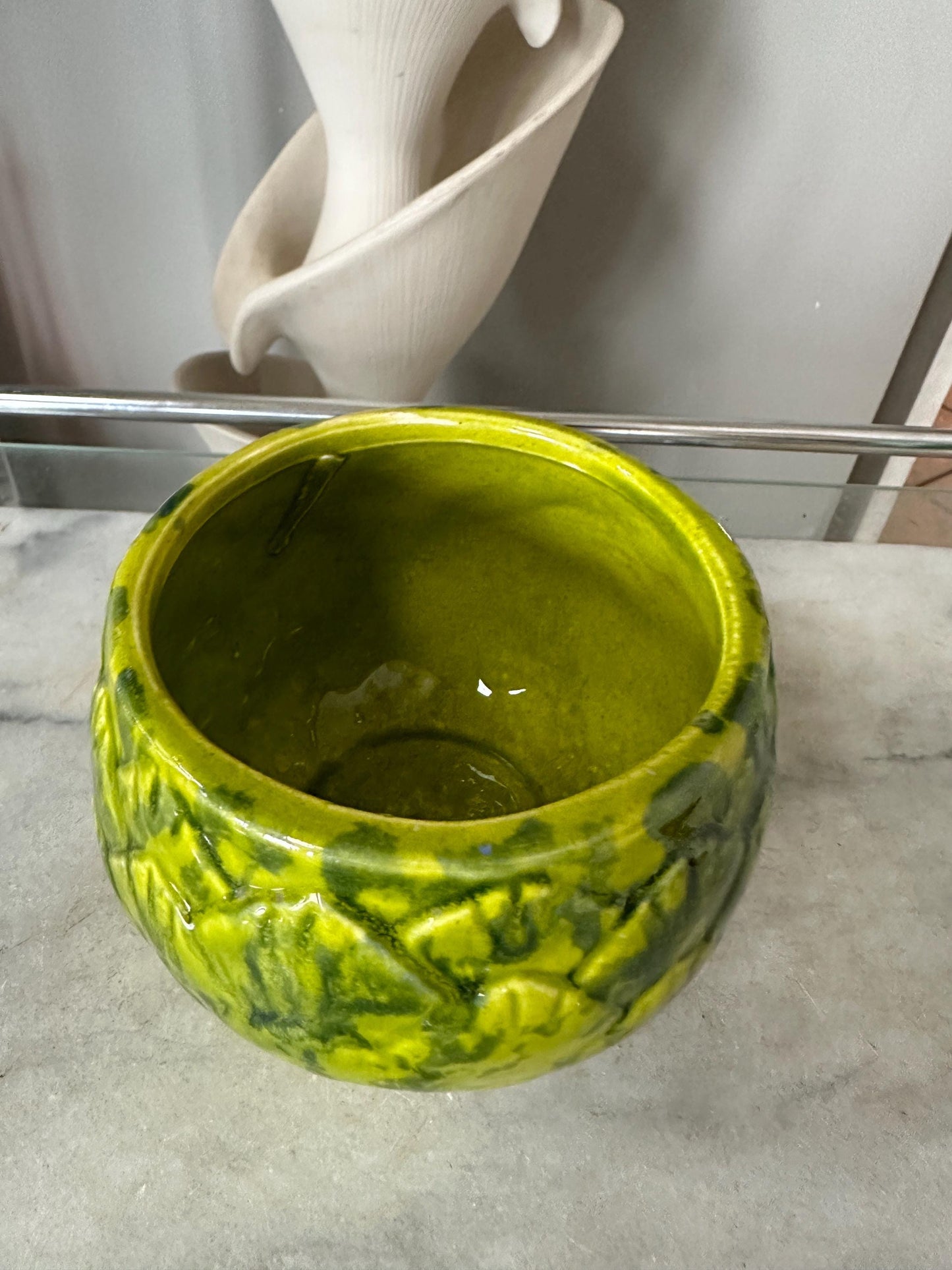California Pottery Artichoke Planter Yellow Green  Vintage Groovy Drip | MCM USA Pottery