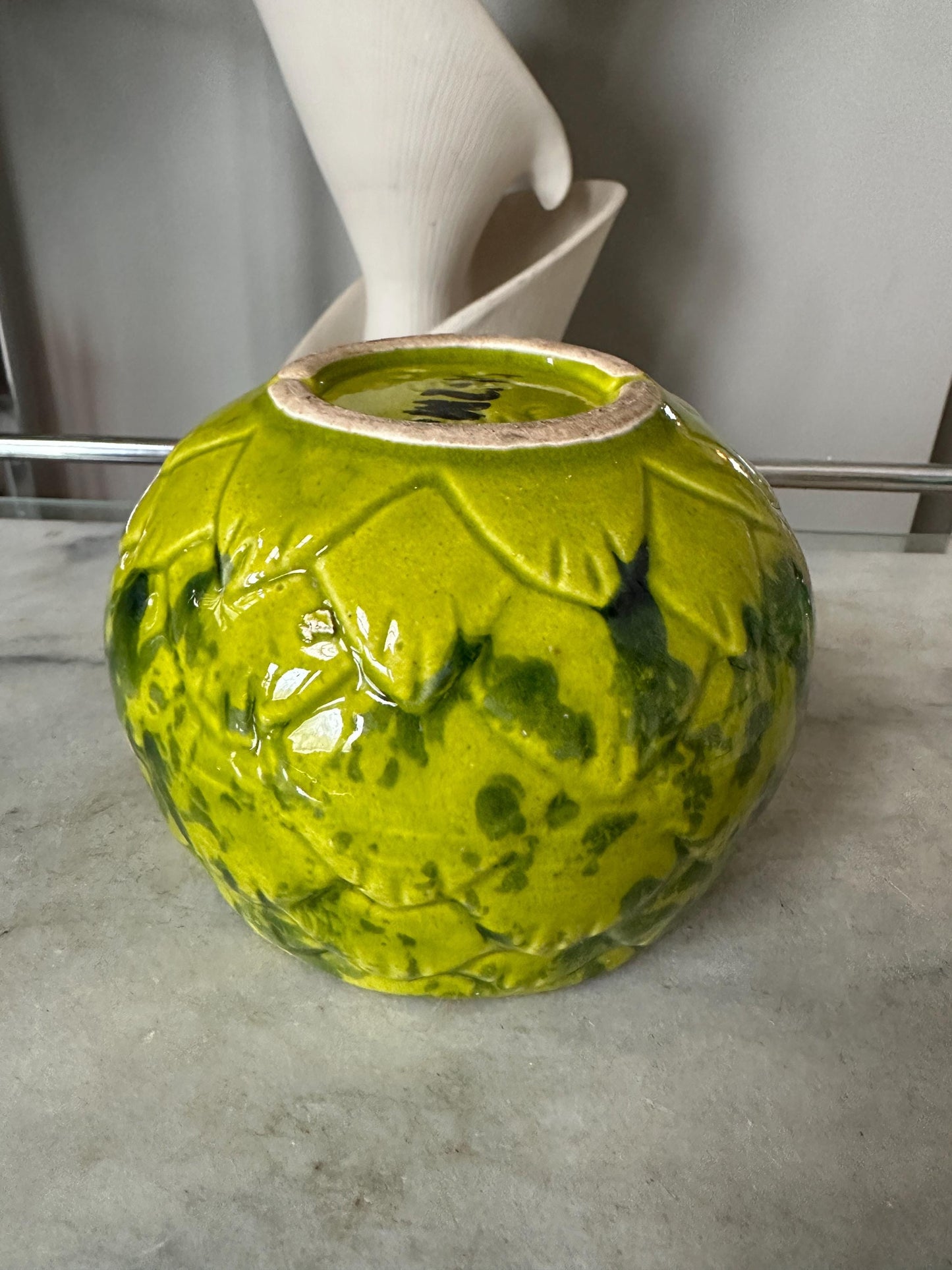 California Pottery Artichoke Planter Yellow Green  Vintage Groovy Drip | MCM USA Pottery