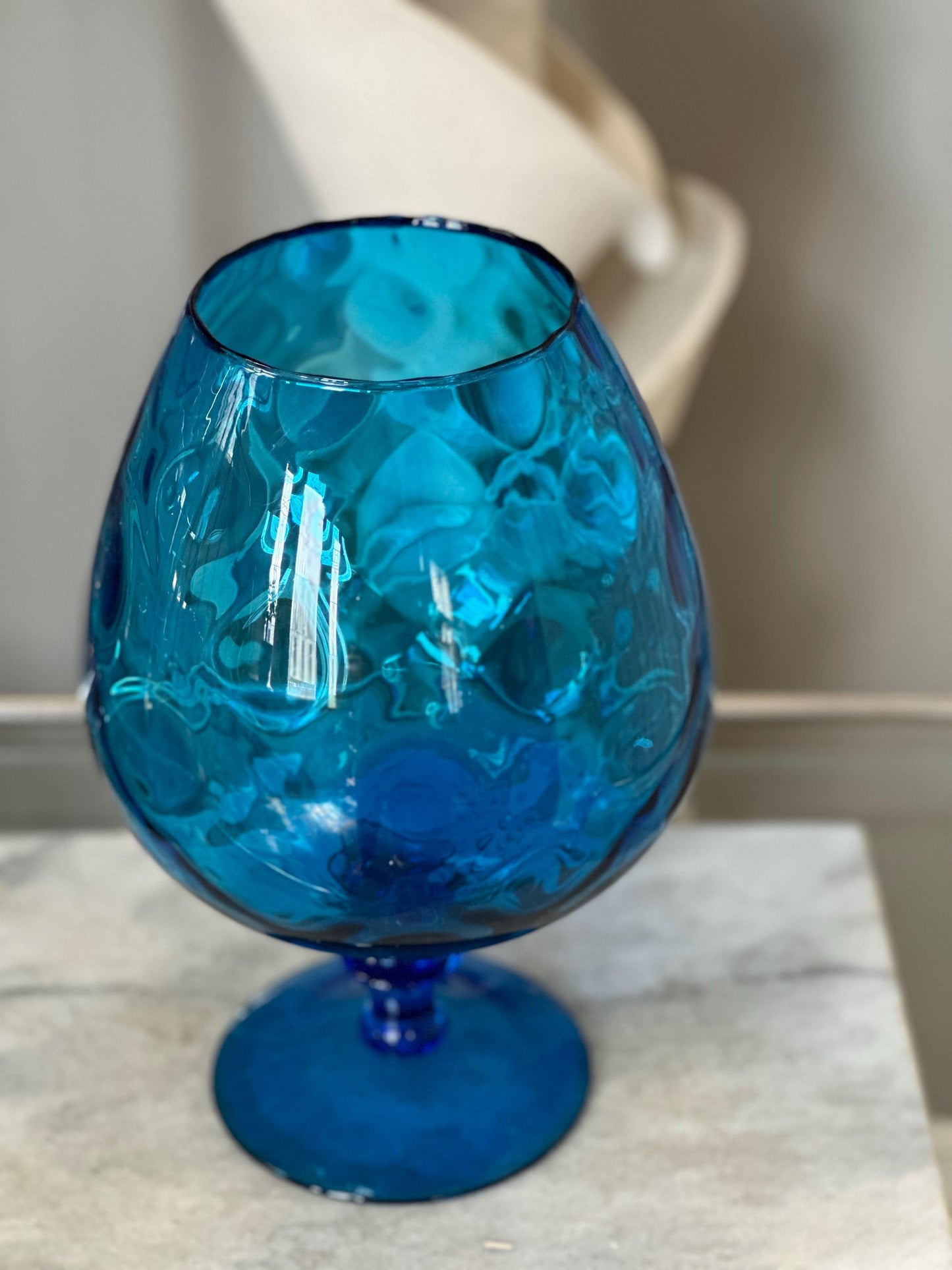 VTG Large 12.25” Empoli Murano Diamond Optic Aqua Glass Vintage MCM Mid Century