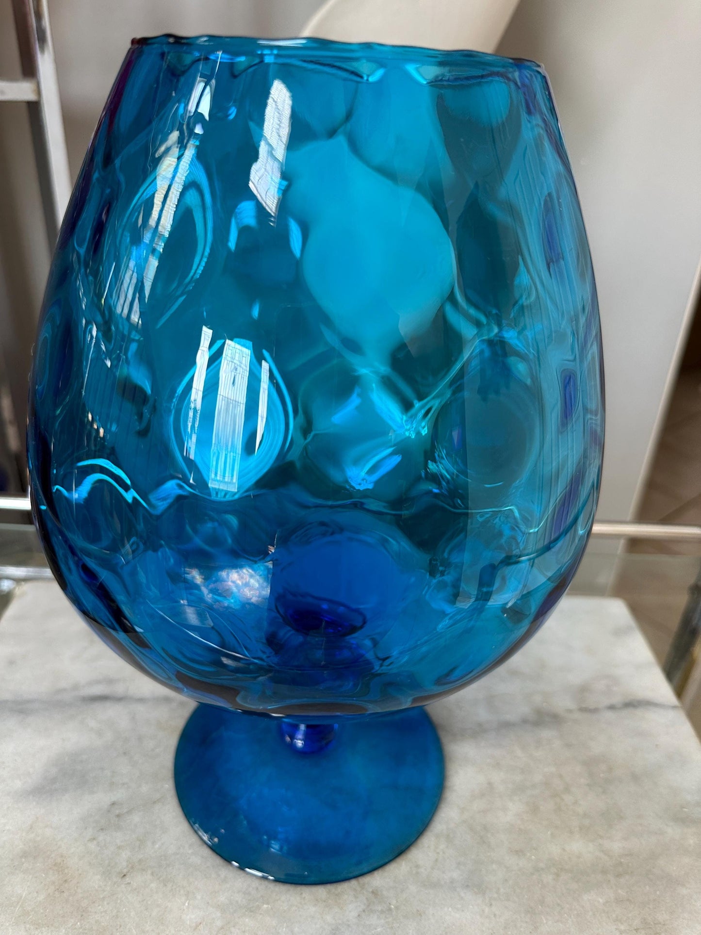 VTG Large 12.25” Empoli Murano Diamond Optic Aqua Glass Vintage MCM Mid Century