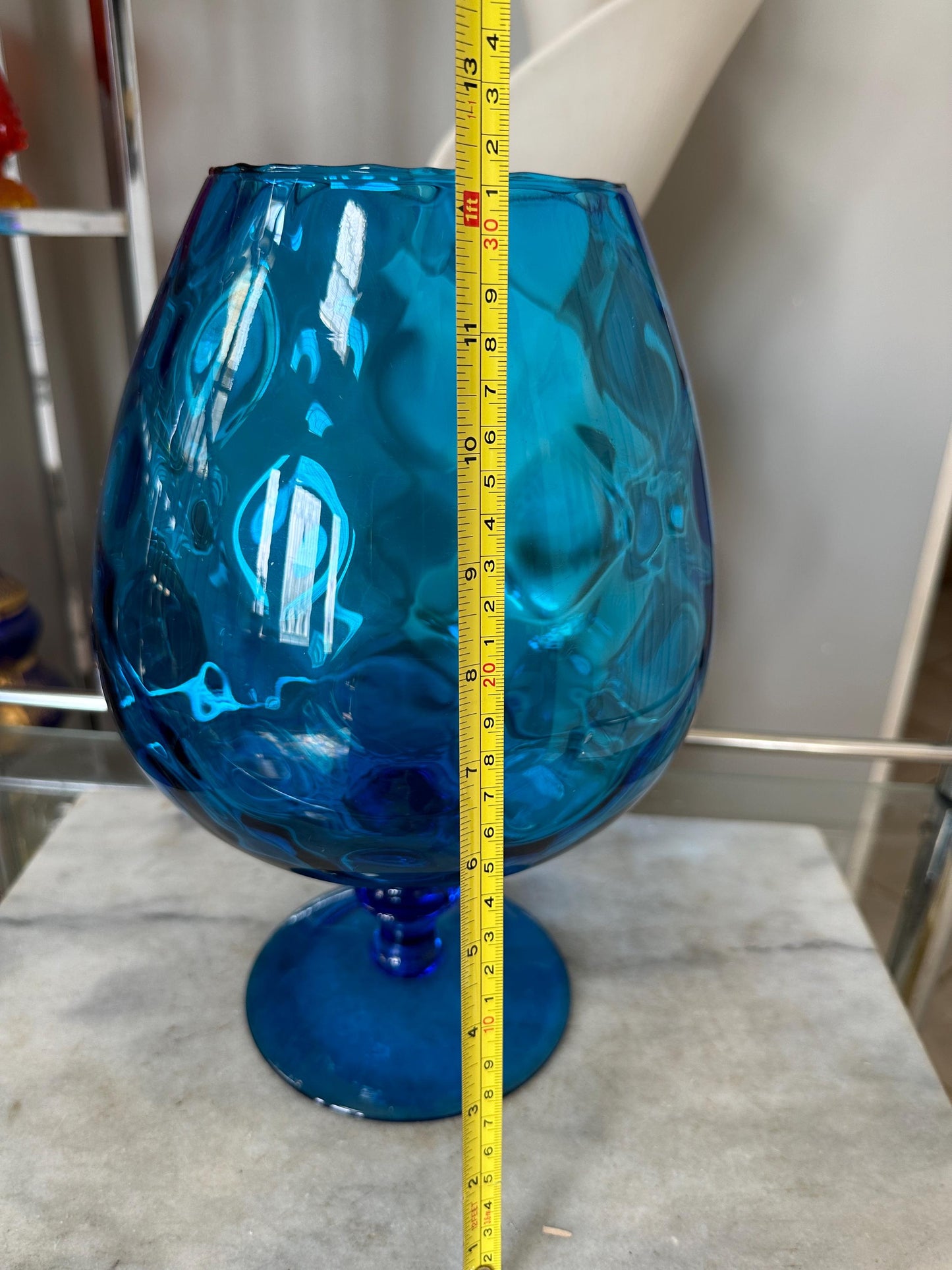 VTG Large 12.25” Empoli Murano Diamond Optic Aqua Glass Vintage MCM Mid Century
