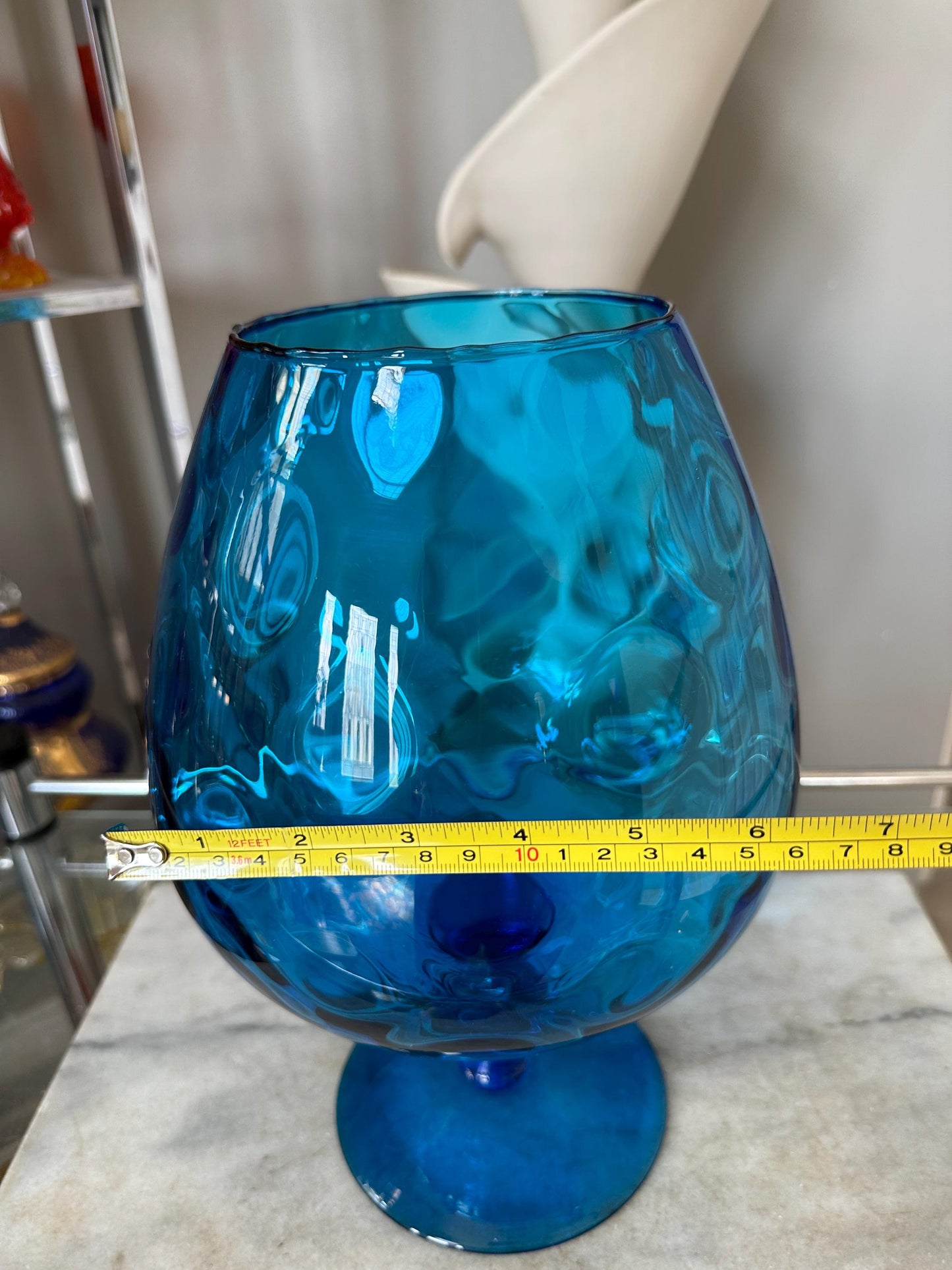 VTG Large 12.25” Empoli Murano Diamond Optic Aqua Glass Vintage MCM Mid Century