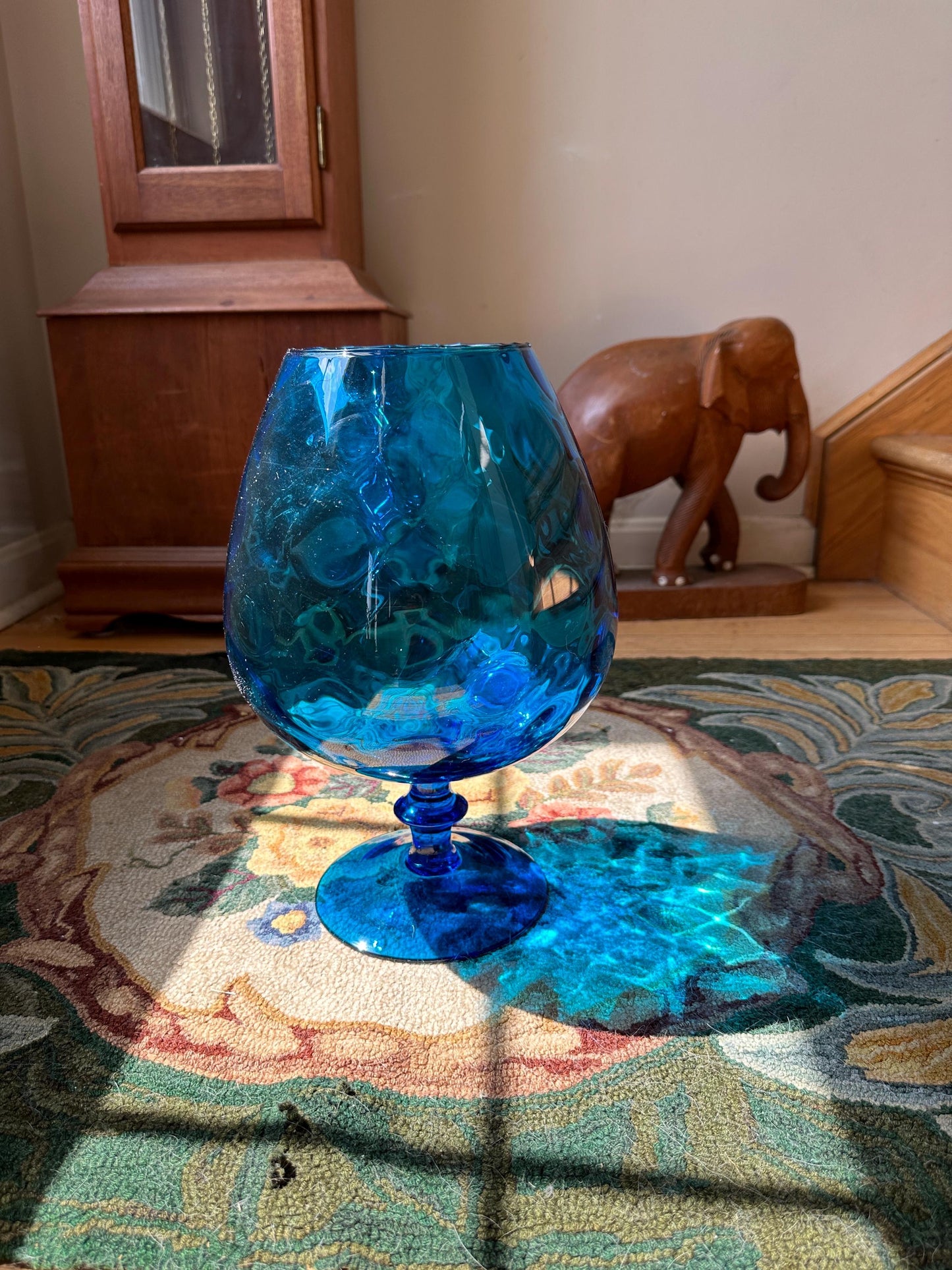 VTG Large 12.25” Empoli Murano Diamond Optic Aqua Glass Vintage MCM Mid Century