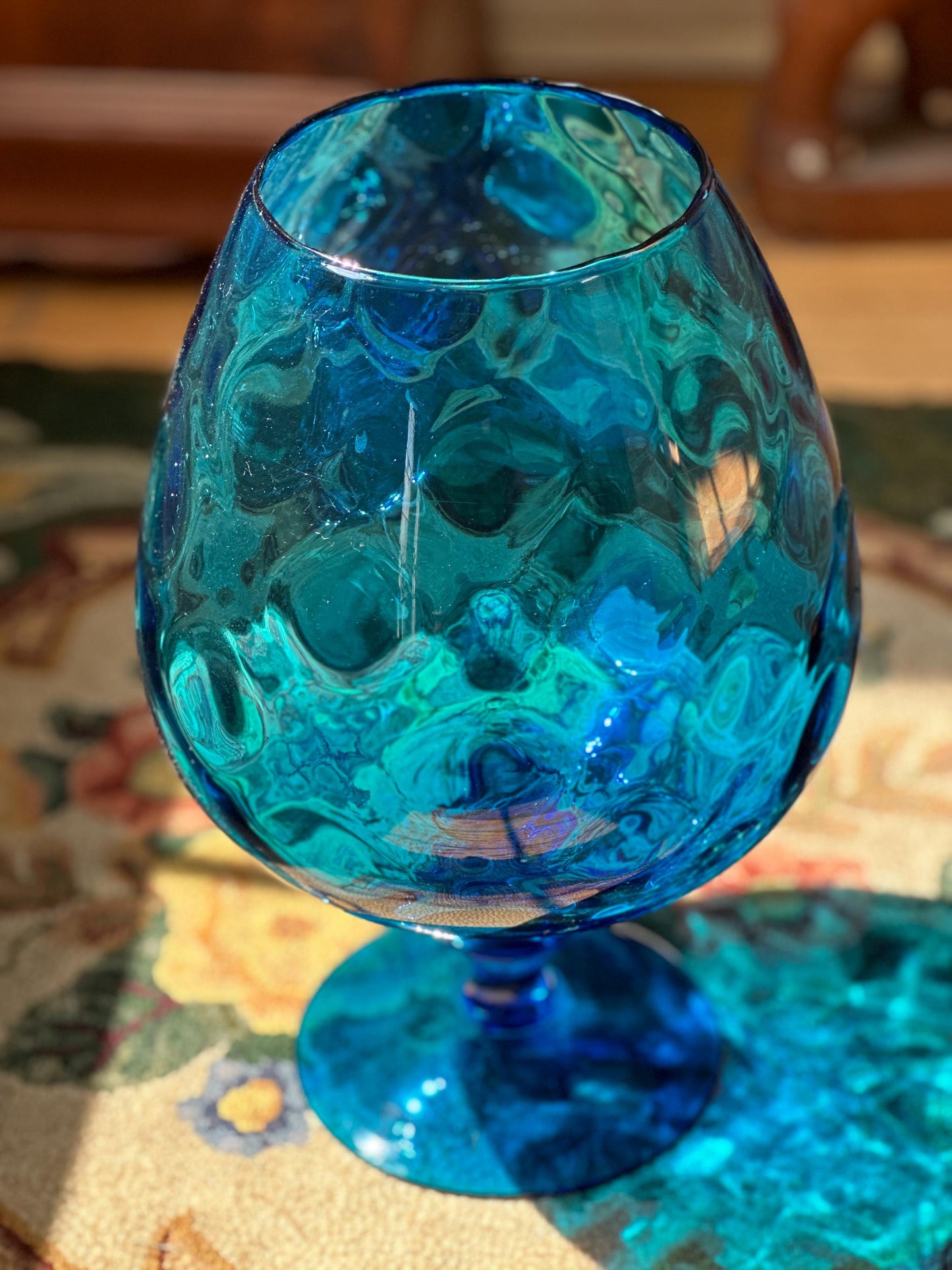 VTG Large 12.25” Empoli Murano Diamond Optic Aqua Glass Vintage MCM Mid Century