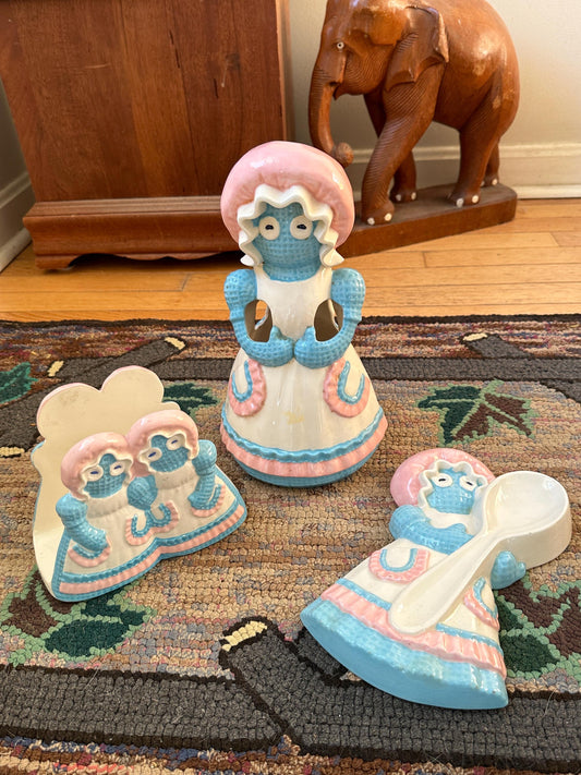 Vintage 1970s Sittre Ceramic Rag Doll Kitchen Set: Utensil Holder, Napkin Holder, Spoon Rest