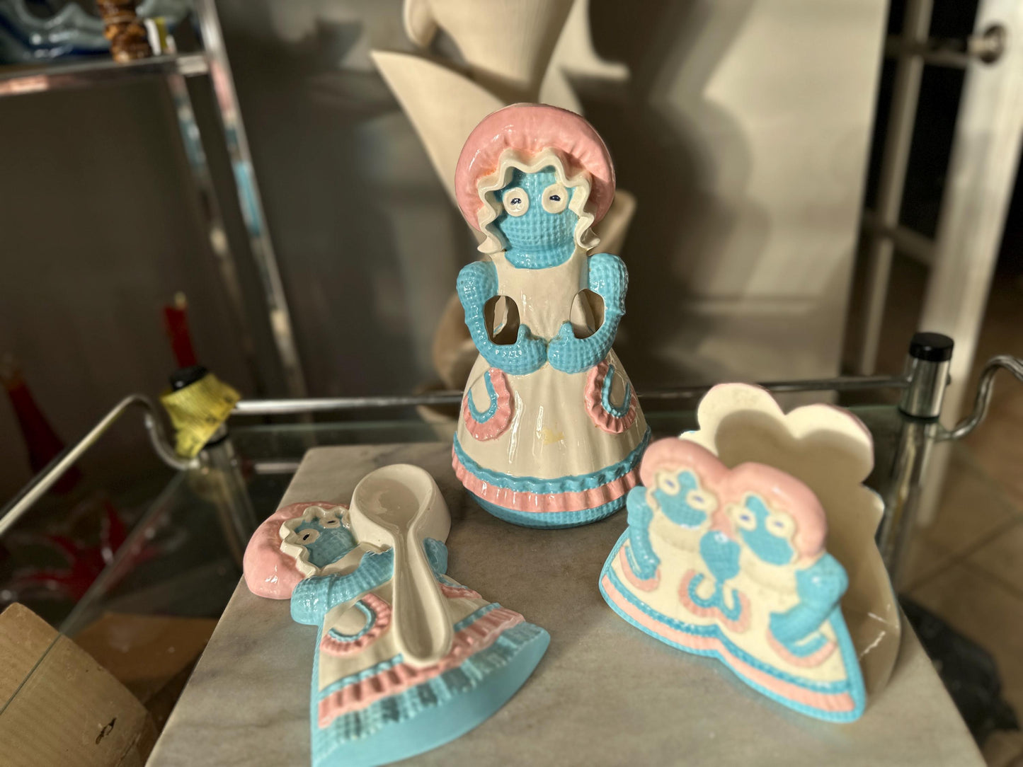 Vintage 1970s Sittre Ceramic Rag Doll Kitchen Set: Utensil Holder, Napkin Holder, Spoon Rest