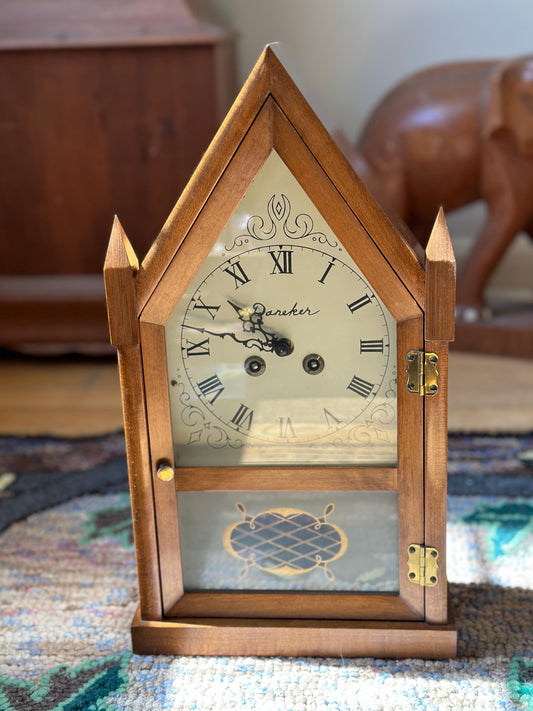 Daneker German movement Steeple Mantle Clock w/ key Winds Ticks wood 8 day lever