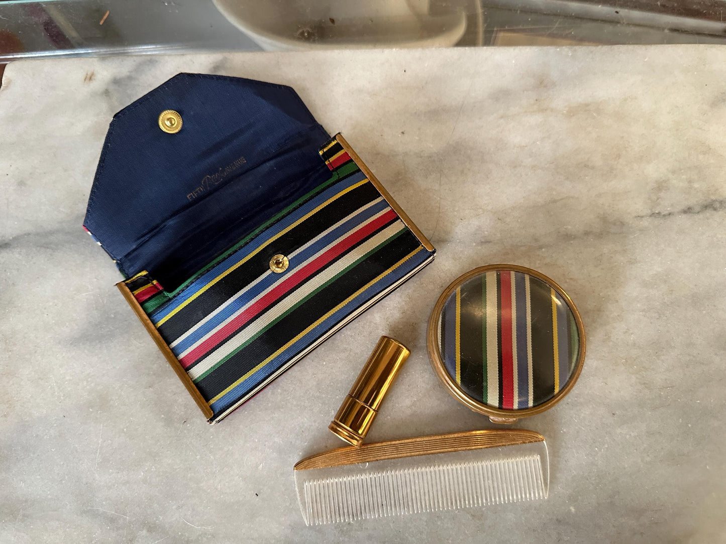 Vintage Rex Fifth Avenue Mini Clutch Set: Striped Grossgrain, 1950s Compact