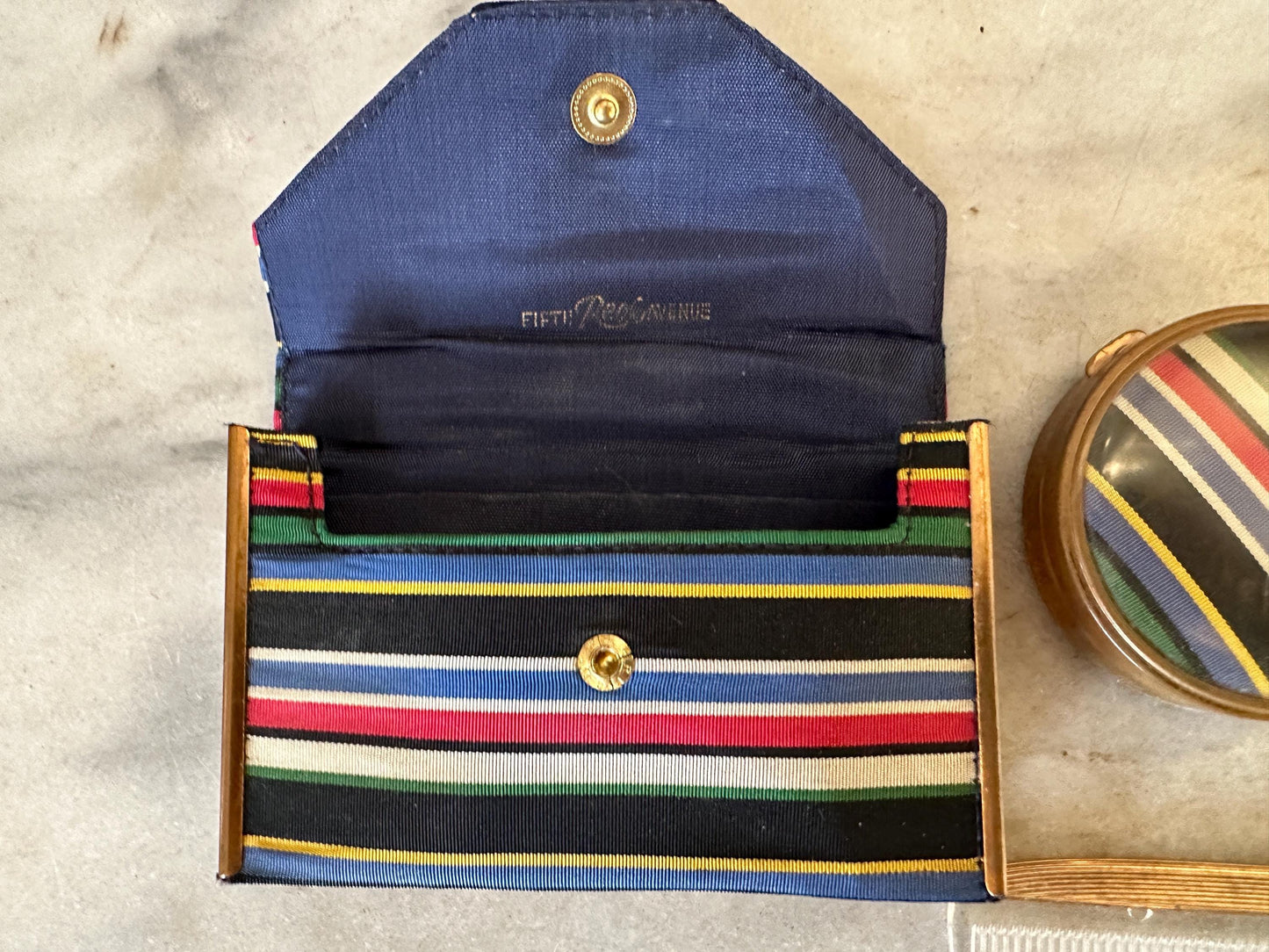Vintage Rex Fifth Avenue Mini Clutch Set: Striped Grossgrain, 1950s Compact