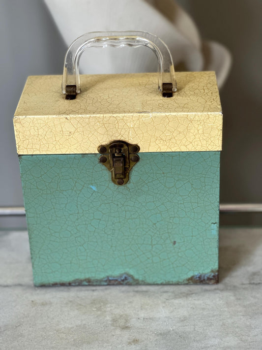 Vintage Green Metal 45 RPM Record Carrier Box with 45 Records