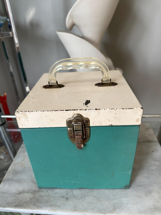 Vintage Turquoise 45 RPM Record Carrier Box with 85 Records: Beatles, Stones, Beach Boys