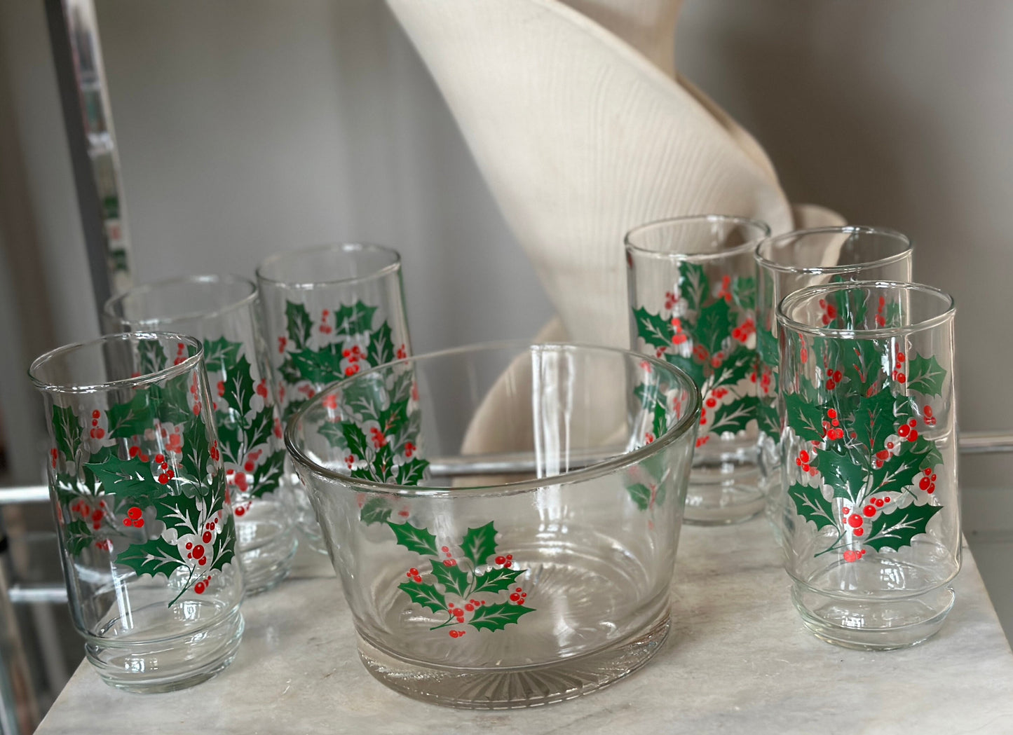 Vintage Indiana Glass Christmas Holly Berry Set: Punch Bowl & Tumblers