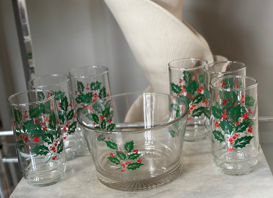 Vintage Indiana Glass Christmas Holly Berry Set: Punch Bowl & Tumblers