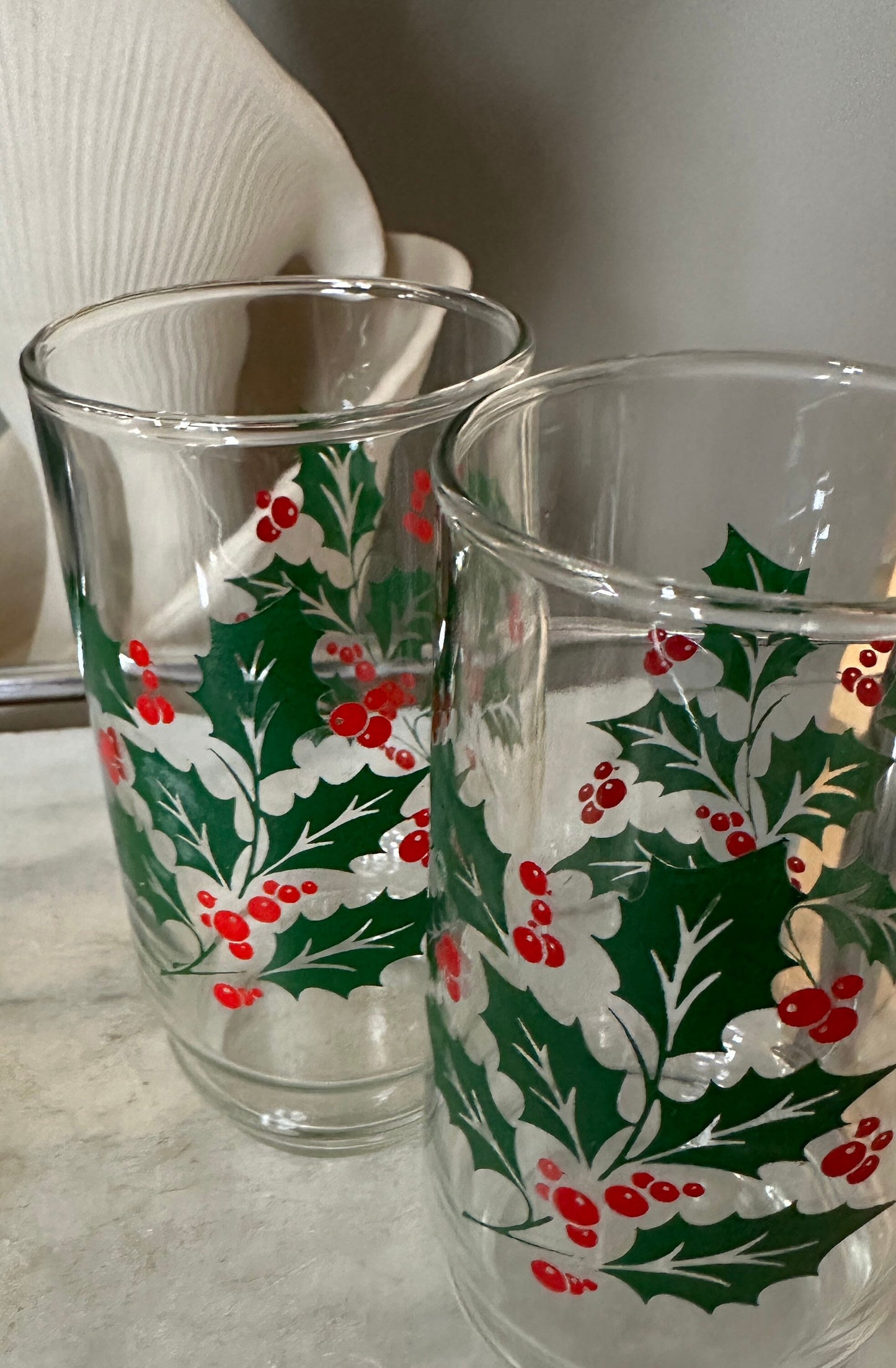 Vintage Indiana Glass Christmas Holly Berry Set: Punch Bowl & Tumblers