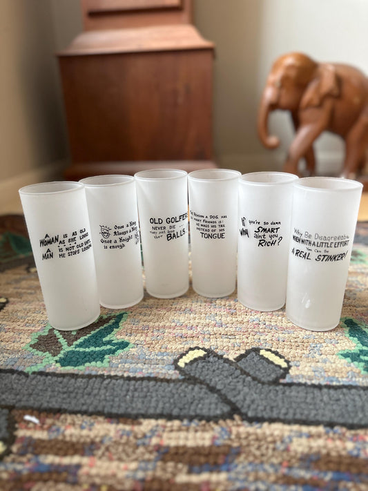 MCM Frosted Tom Collins Glasses: Retro Joke Sayings, Set of 6