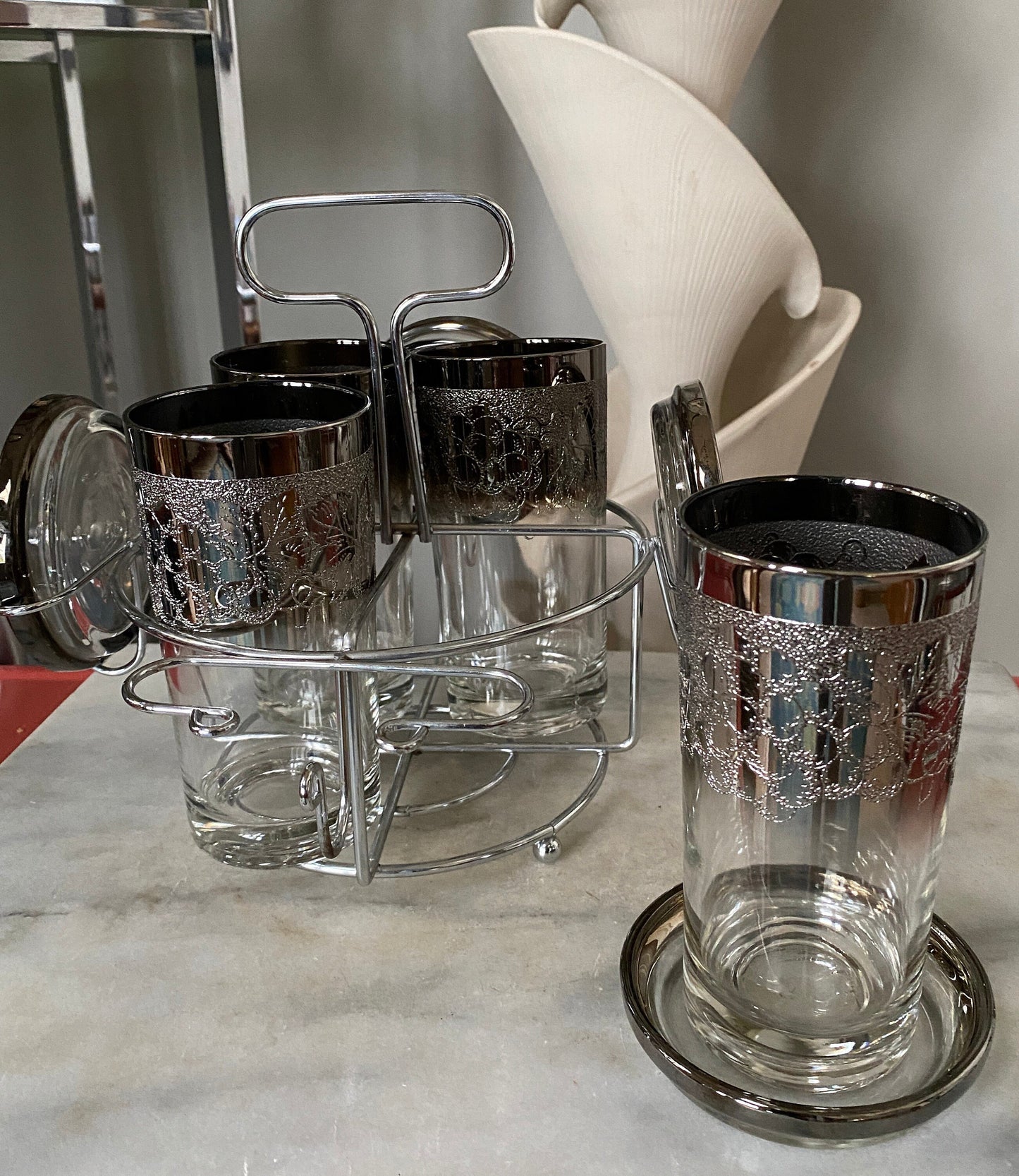 MCM Silver Ombre Highball Glasses with Trojan Coasters & Caddy