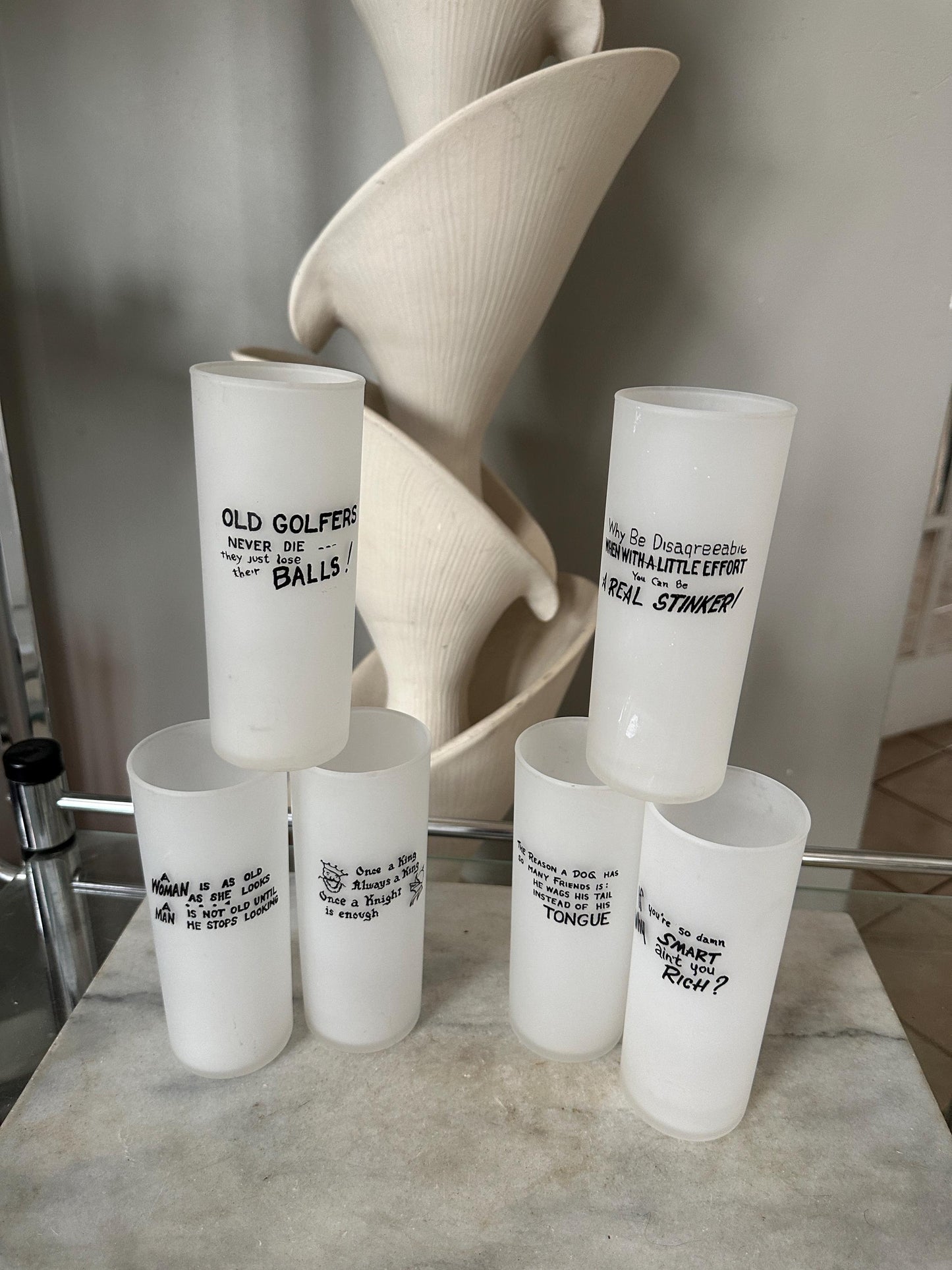 MCM Frosted Tom Collins Glasses: Retro Joke Sayings, Set of 6