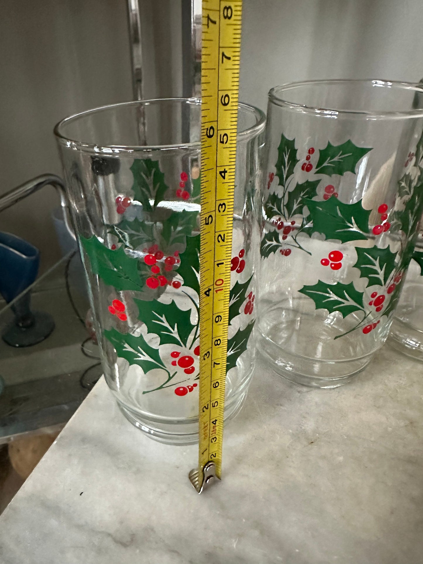 Vintage Indiana Glass Christmas Holly Berry Set: Punch Bowl & Tumblers