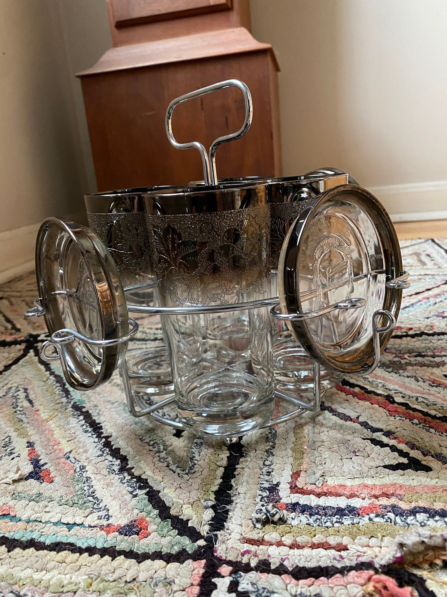 MCM Silver Ombre Highball Glasses with Trojan Coasters & Caddy