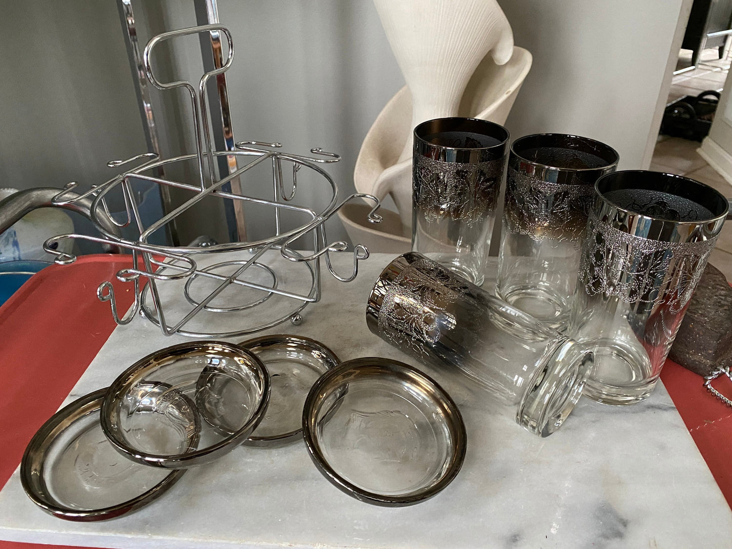 MCM Silver Ombre Highball Glasses with Trojan Coasters & Caddy