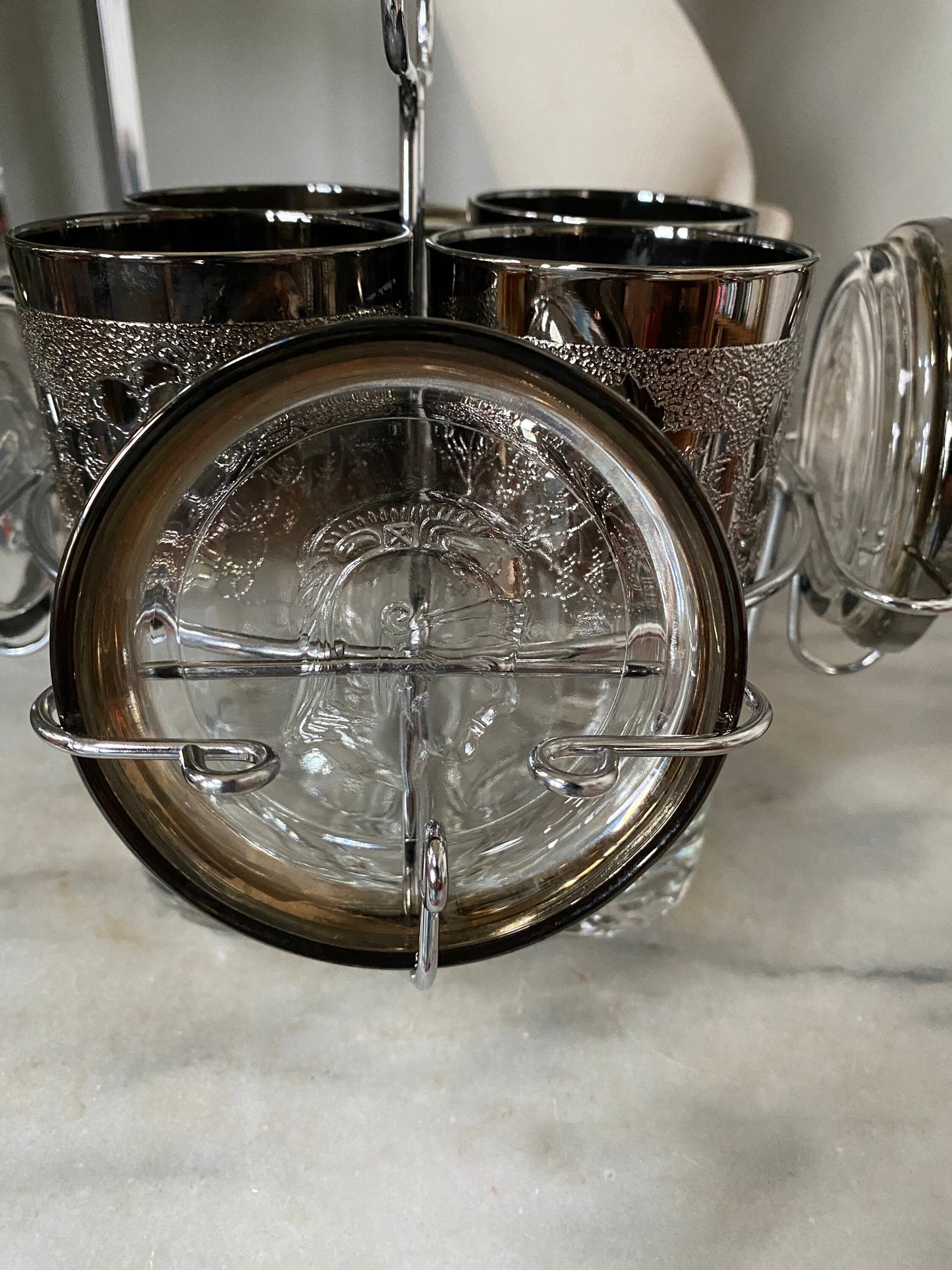 MCM Silver Ombre Highball Glasses with Trojan Coasters & Caddy