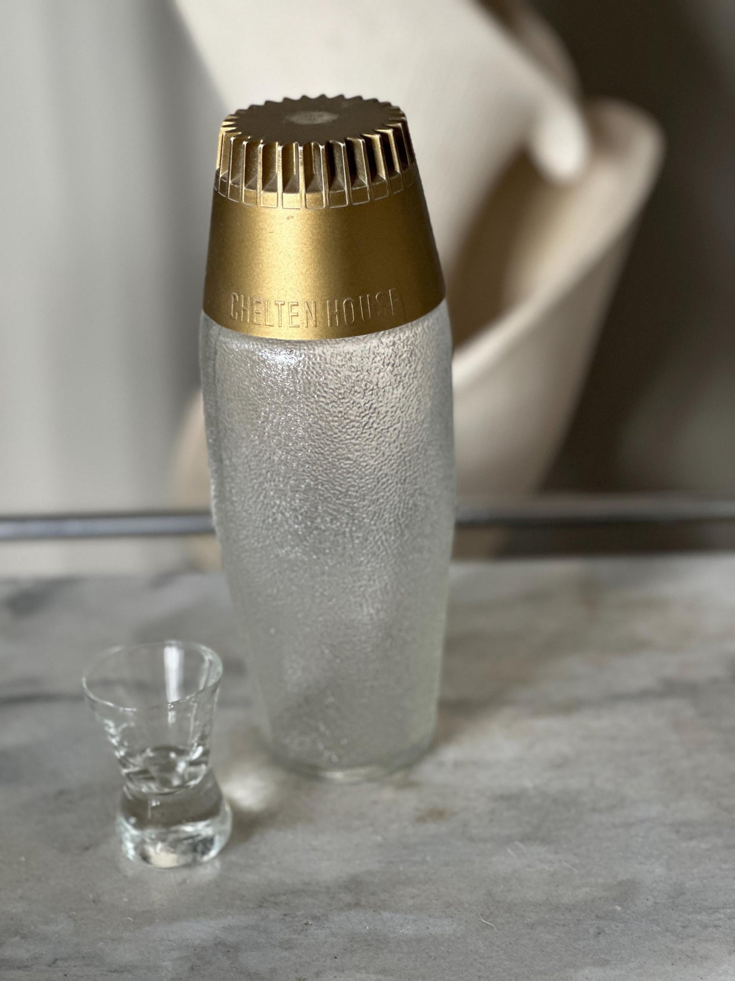 Mid Century Modern Frosted Glass Cocktail Shaker with MCM Shot Glass