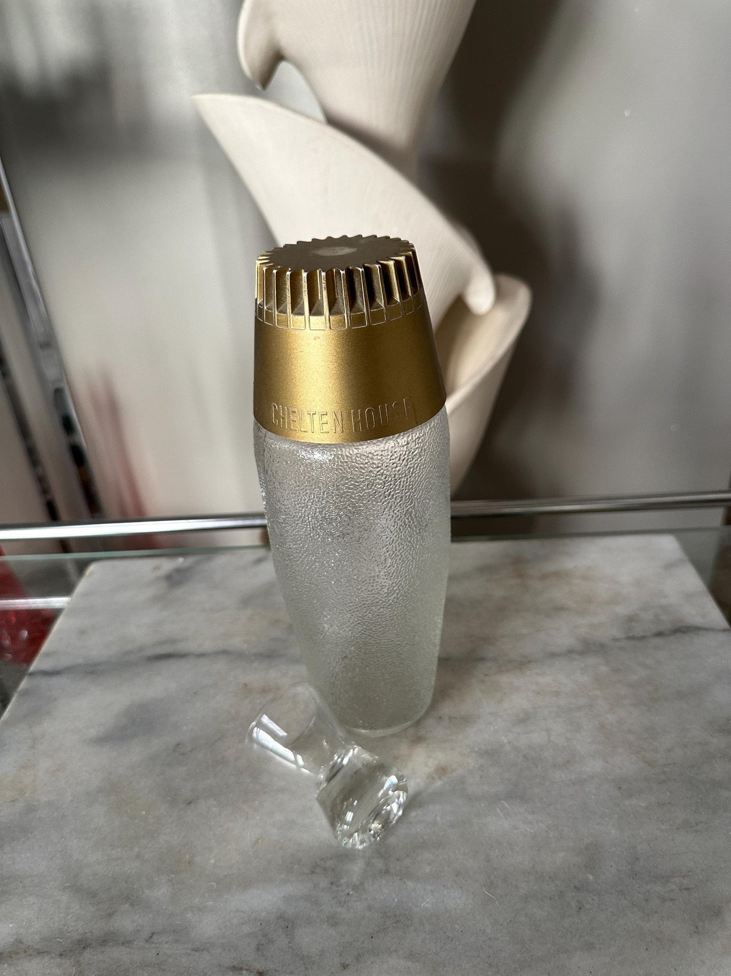Mid Century Modern Frosted Glass Cocktail Shaker with MCM Shot Glass