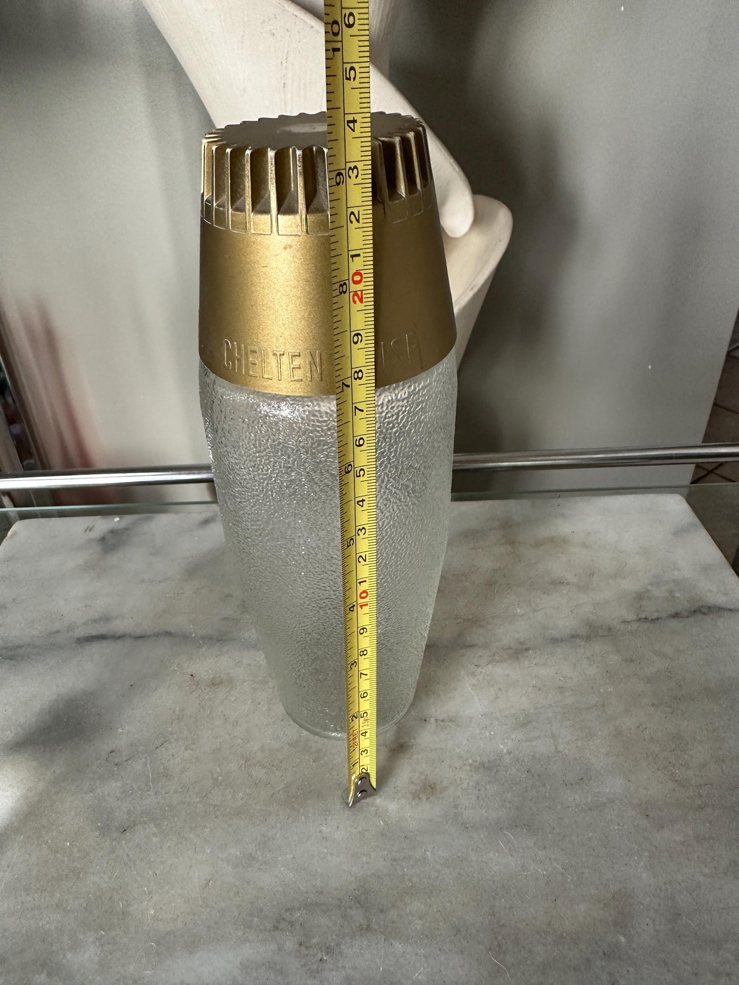 Mid Century Modern Frosted Glass Cocktail Shaker with MCM Shot Glass