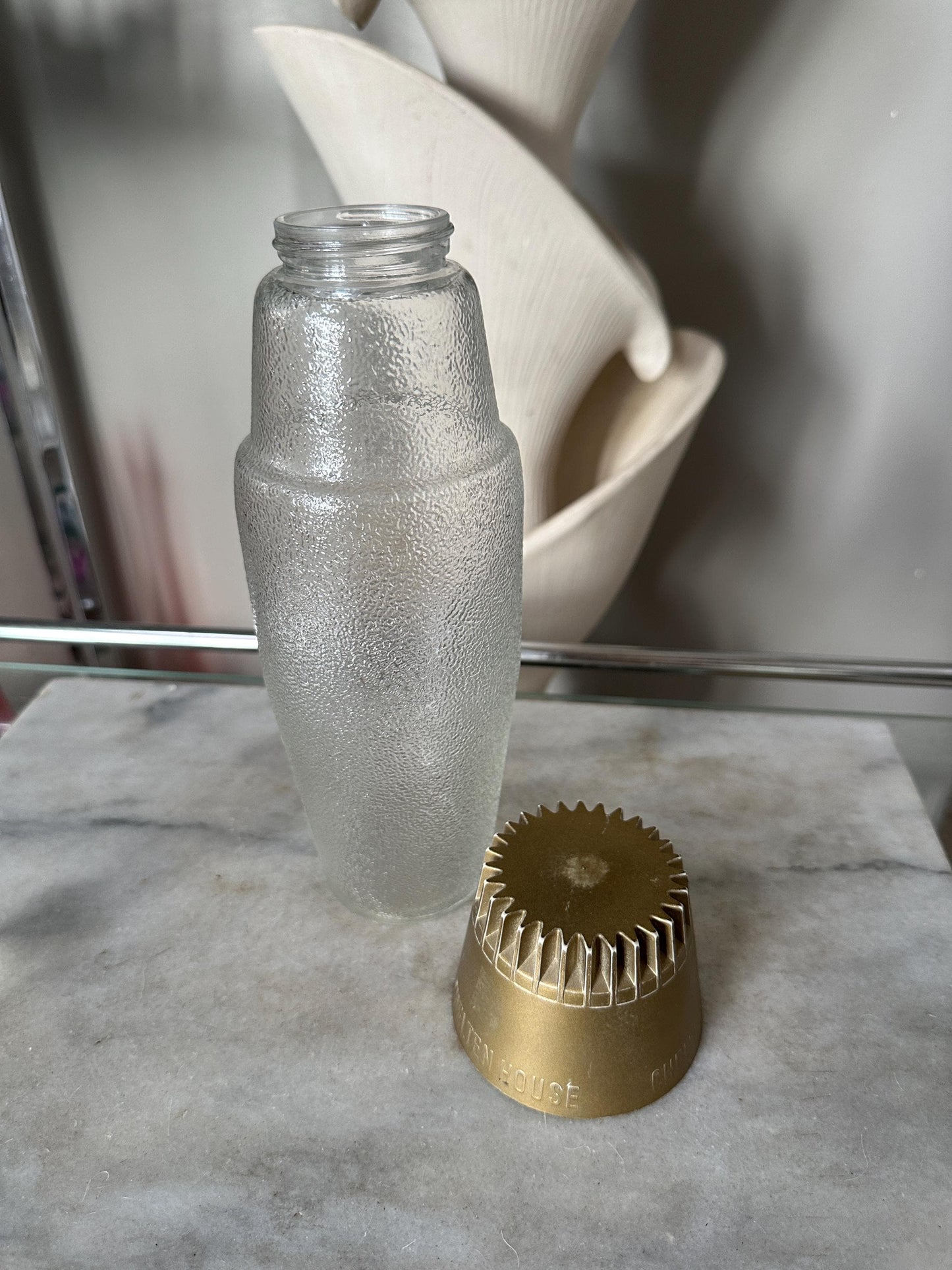 Mid Century Modern Frosted Glass Cocktail Shaker with MCM Shot Glass