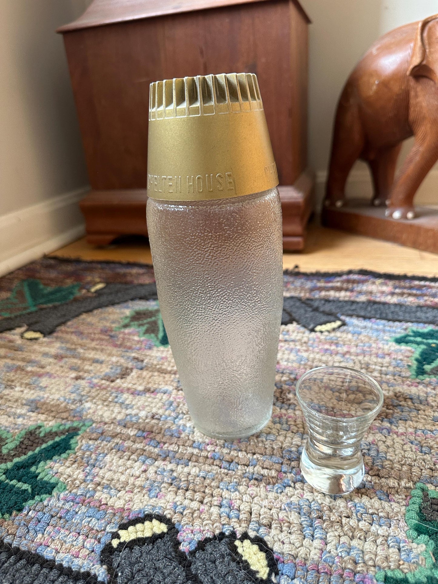Mid Century Modern Frosted Glass Cocktail Shaker with MCM Shot Glass