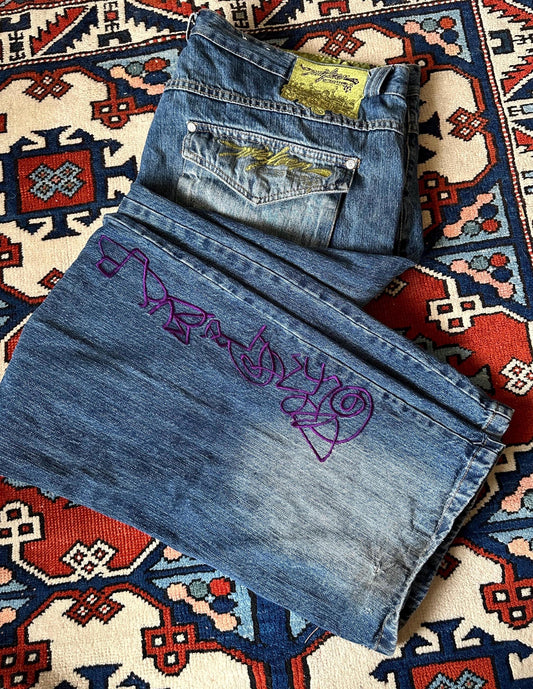 Vintage Miskeen Y2K Washed Graffiti Green Purple Denim Jeans 44 x 34