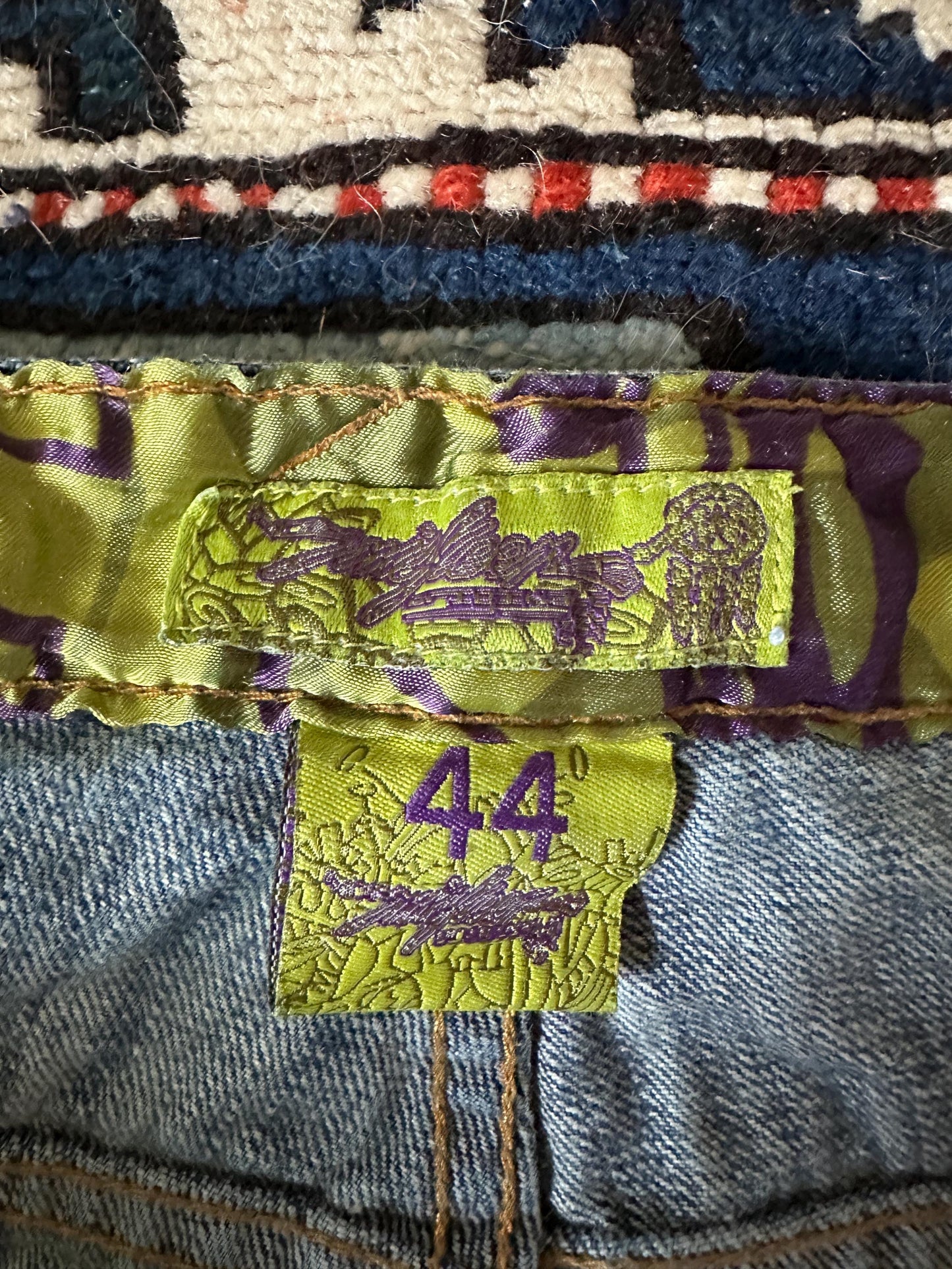 Vintage Miskeen Y2K Washed Graffiti Green Purple Denim Jeans 44 x 34