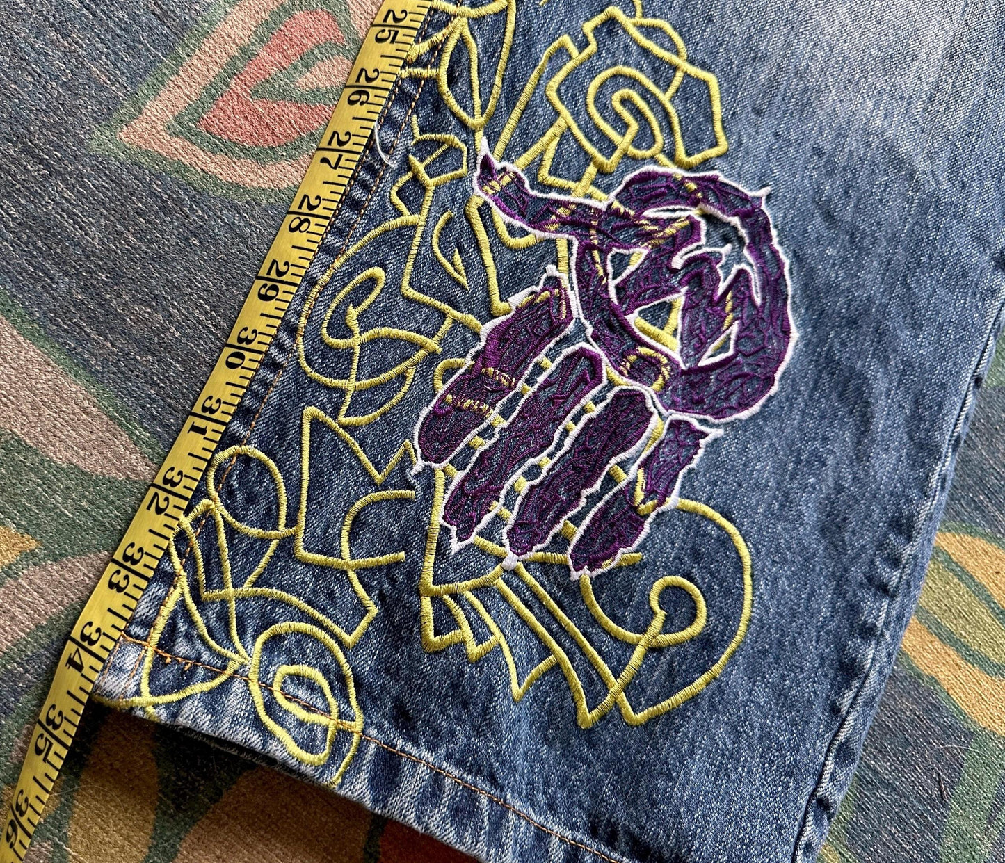 Vintage Miskeen Y2K Washed Graffiti Green Purple Denim Jeans 44 x 34