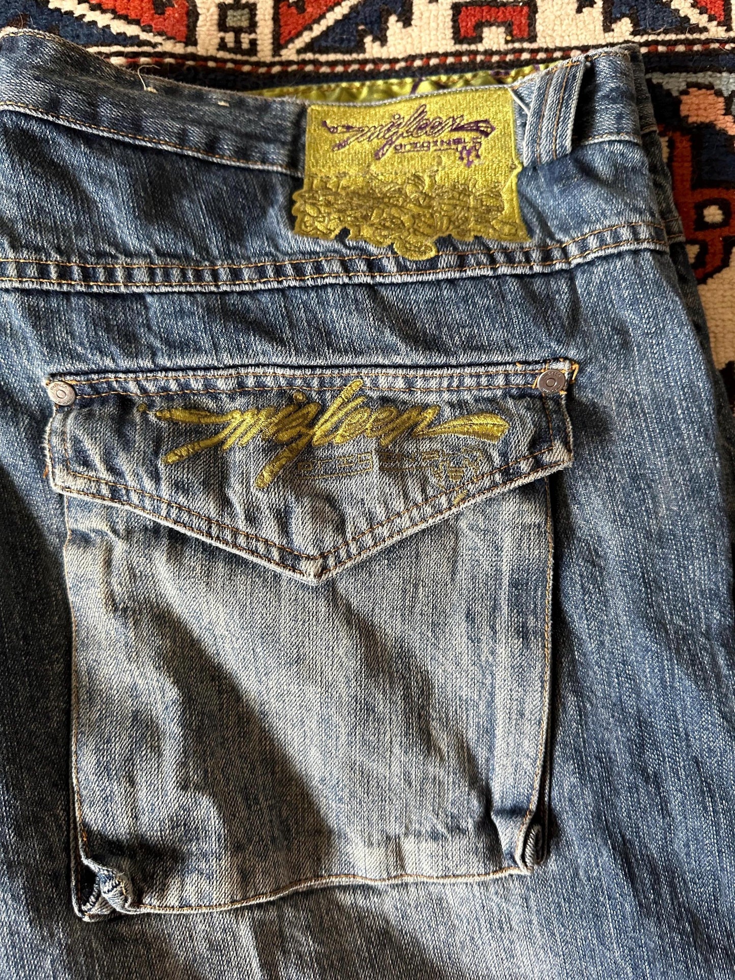 Vintage Miskeen Y2K Washed Graffiti Green Purple Denim Jeans 44 x 34