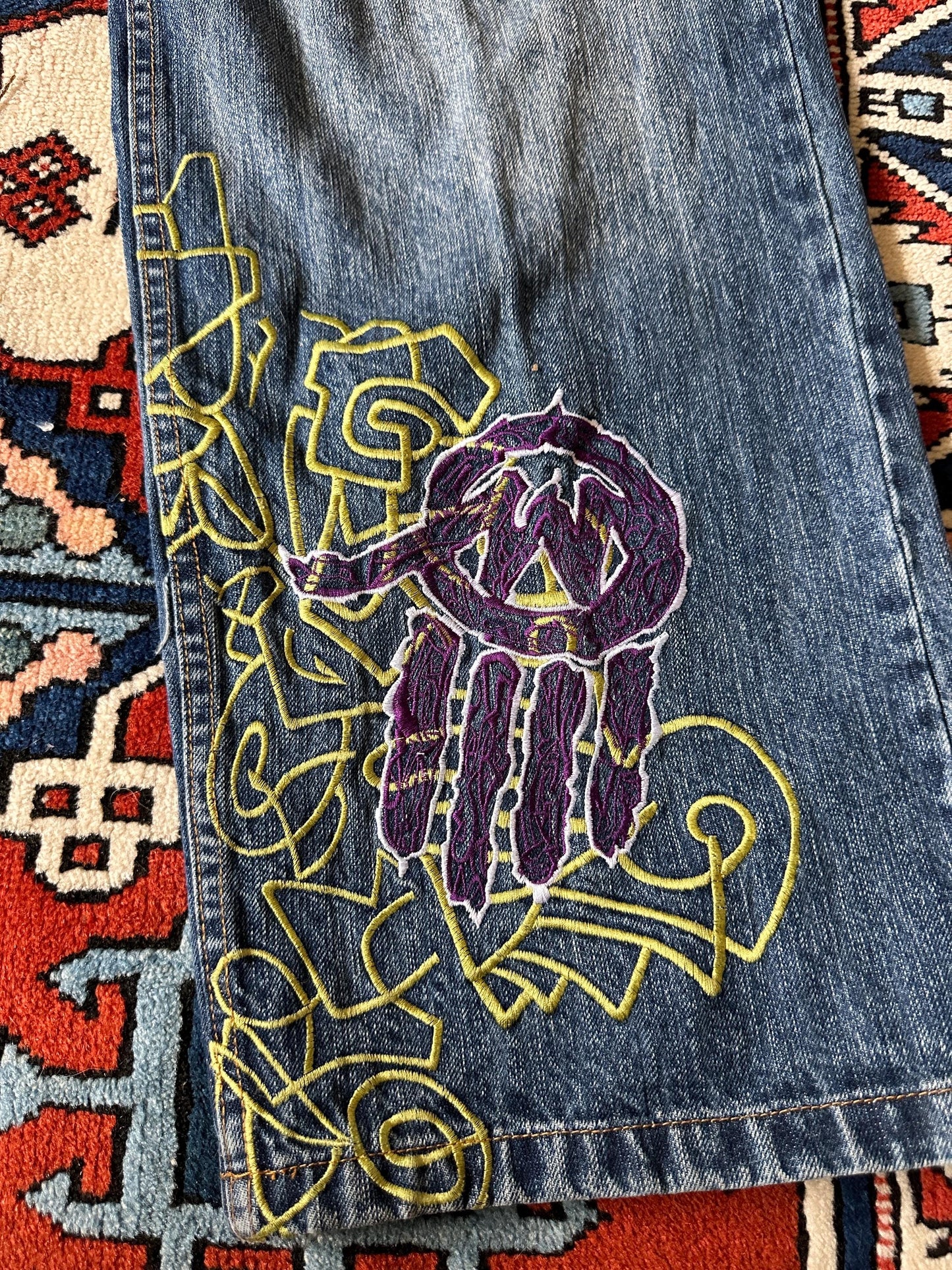 Vintage Miskeen Y2K Washed Graffiti Green Purple Denim Jeans 44 x 34