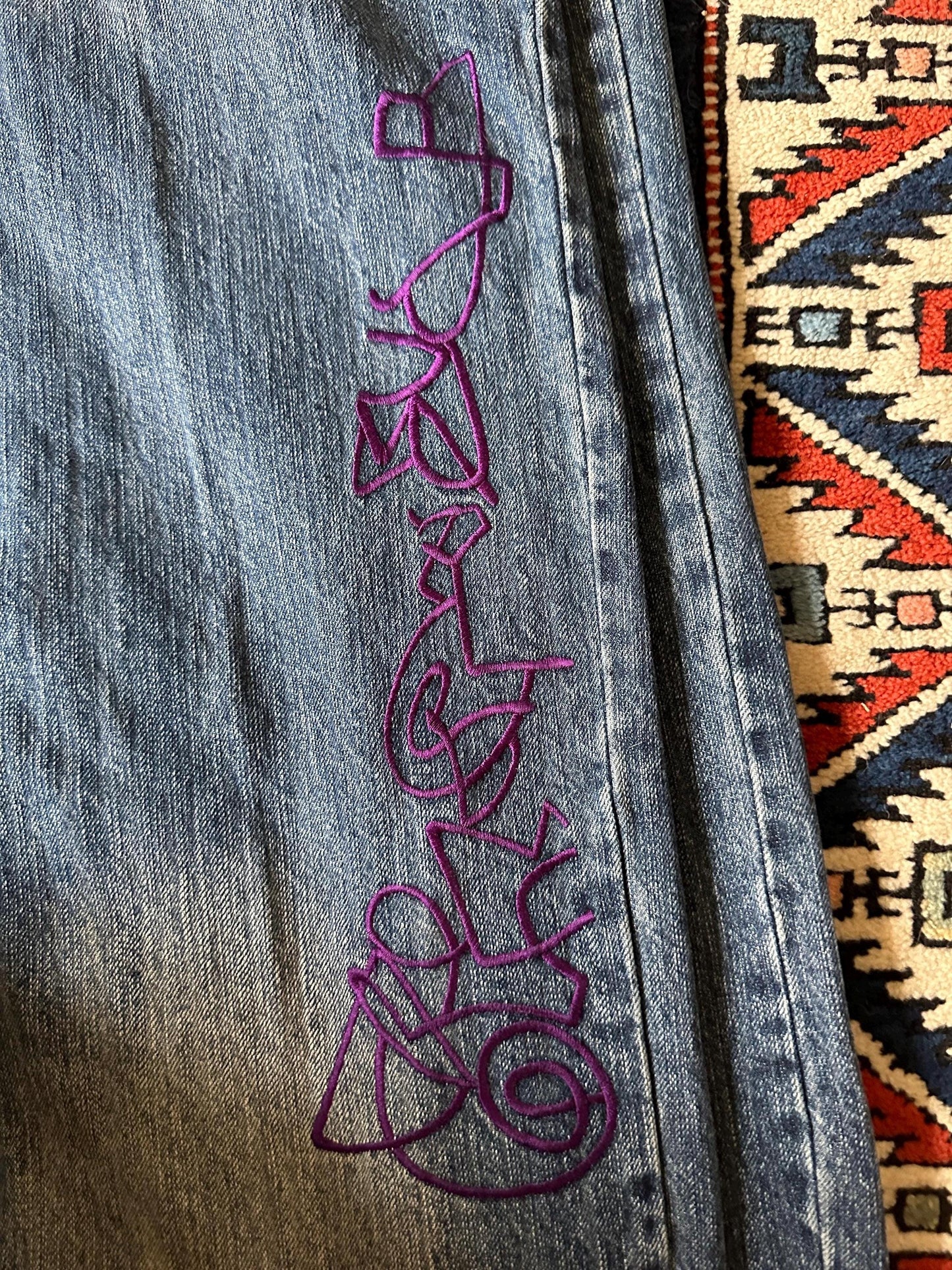 Vintage Miskeen Y2K Washed Graffiti Green Purple Denim Jeans 44 x 34