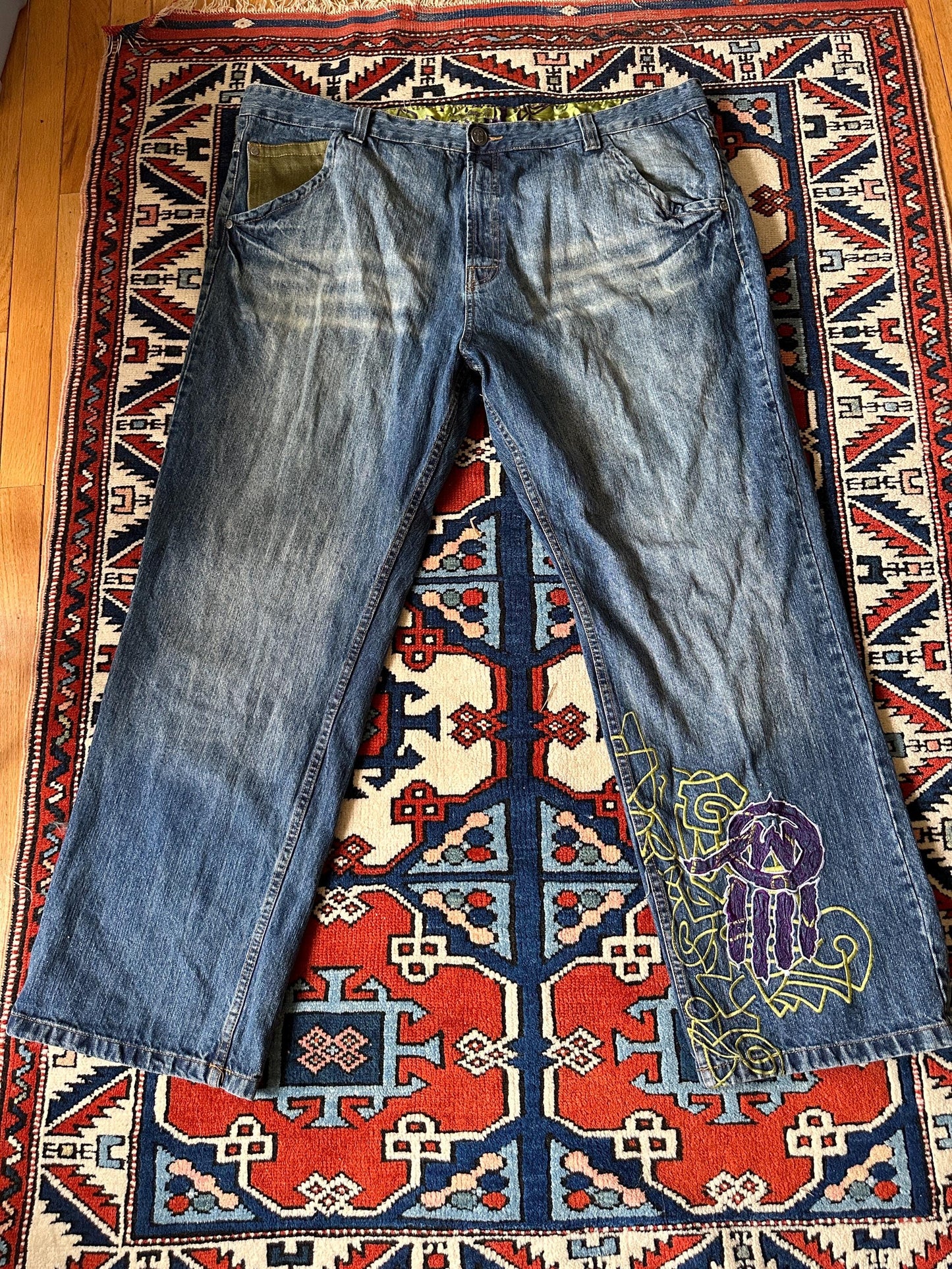 Vintage Miskeen Y2K Washed Graffiti Green Purple Denim Jeans 44 x 34