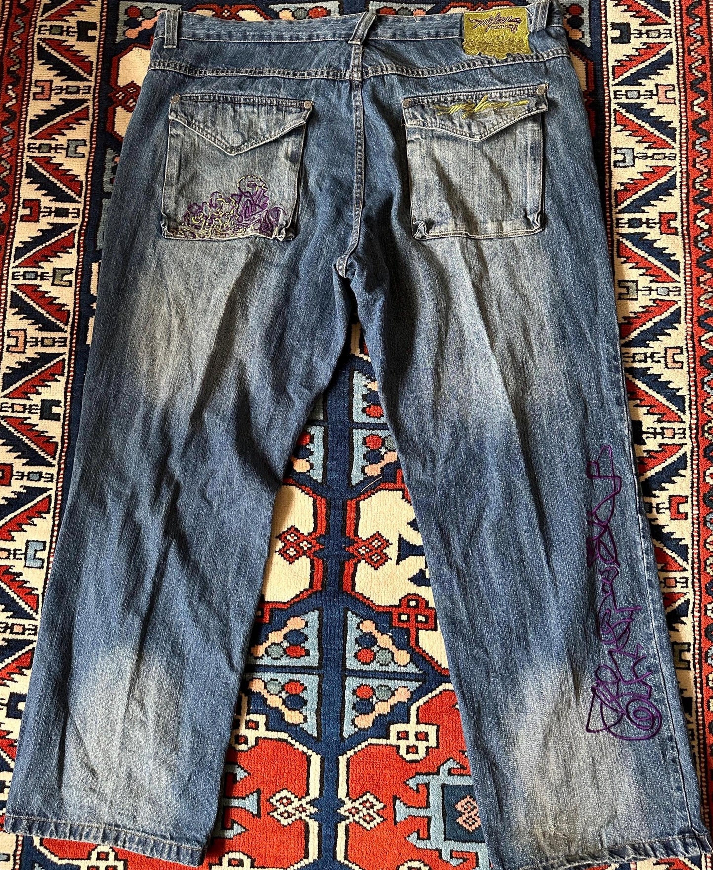 Vintage Miskeen Y2K Washed Graffiti Green Purple Denim Jeans 44 x 34