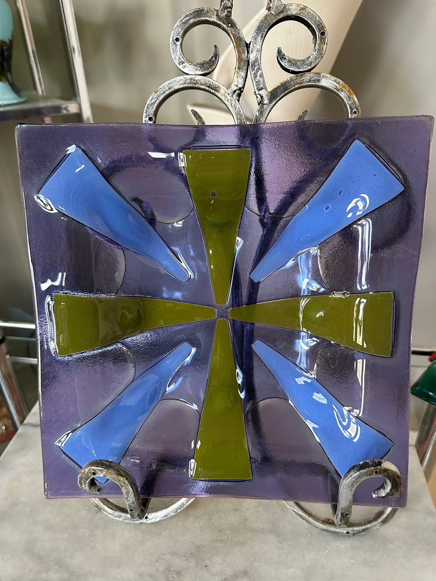 Vintage Higgins Glass Plate: Mid Century Modern Purple Green Sunburst Tray